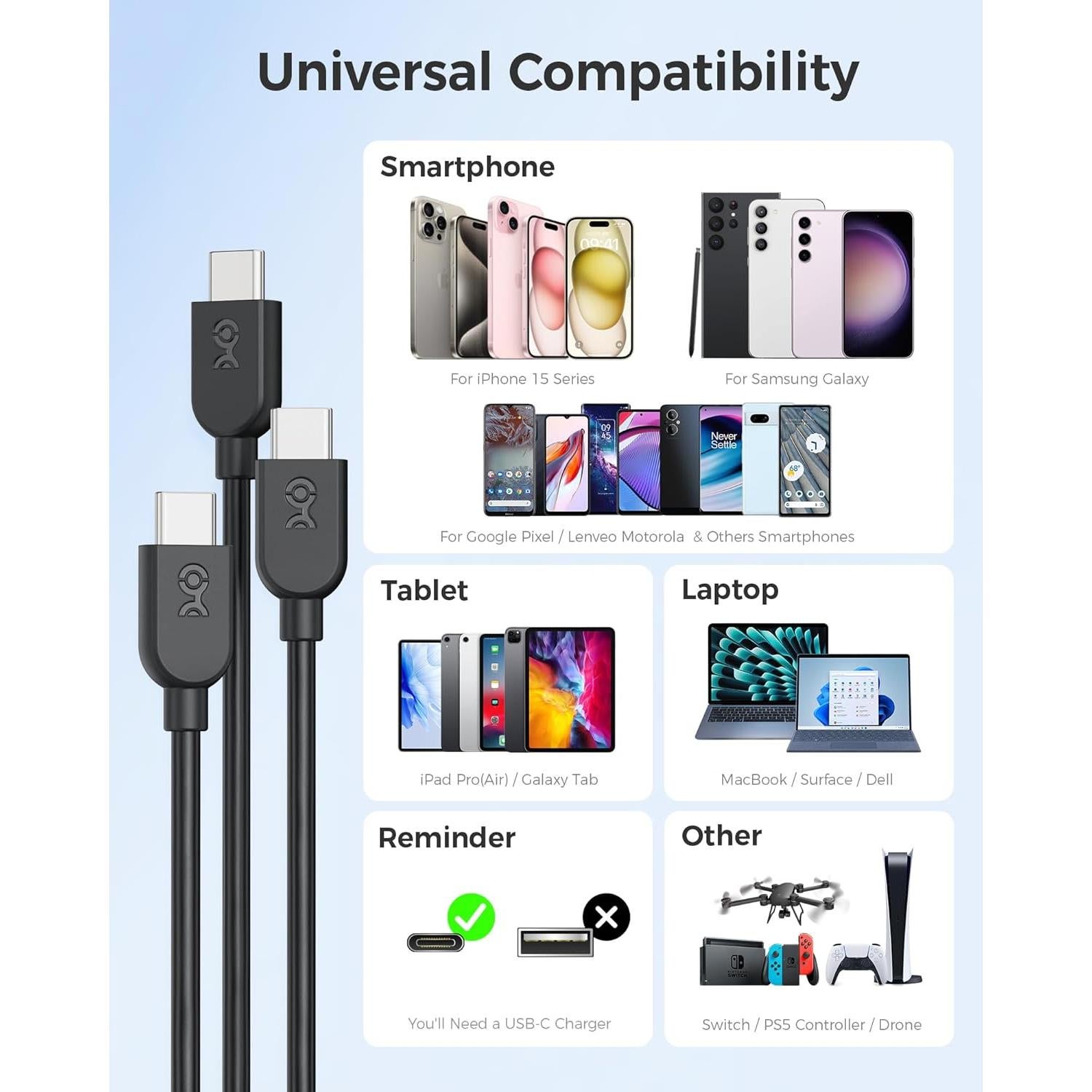 Cable de Carga USB-C 1.83m Cable Matters 60W Negro