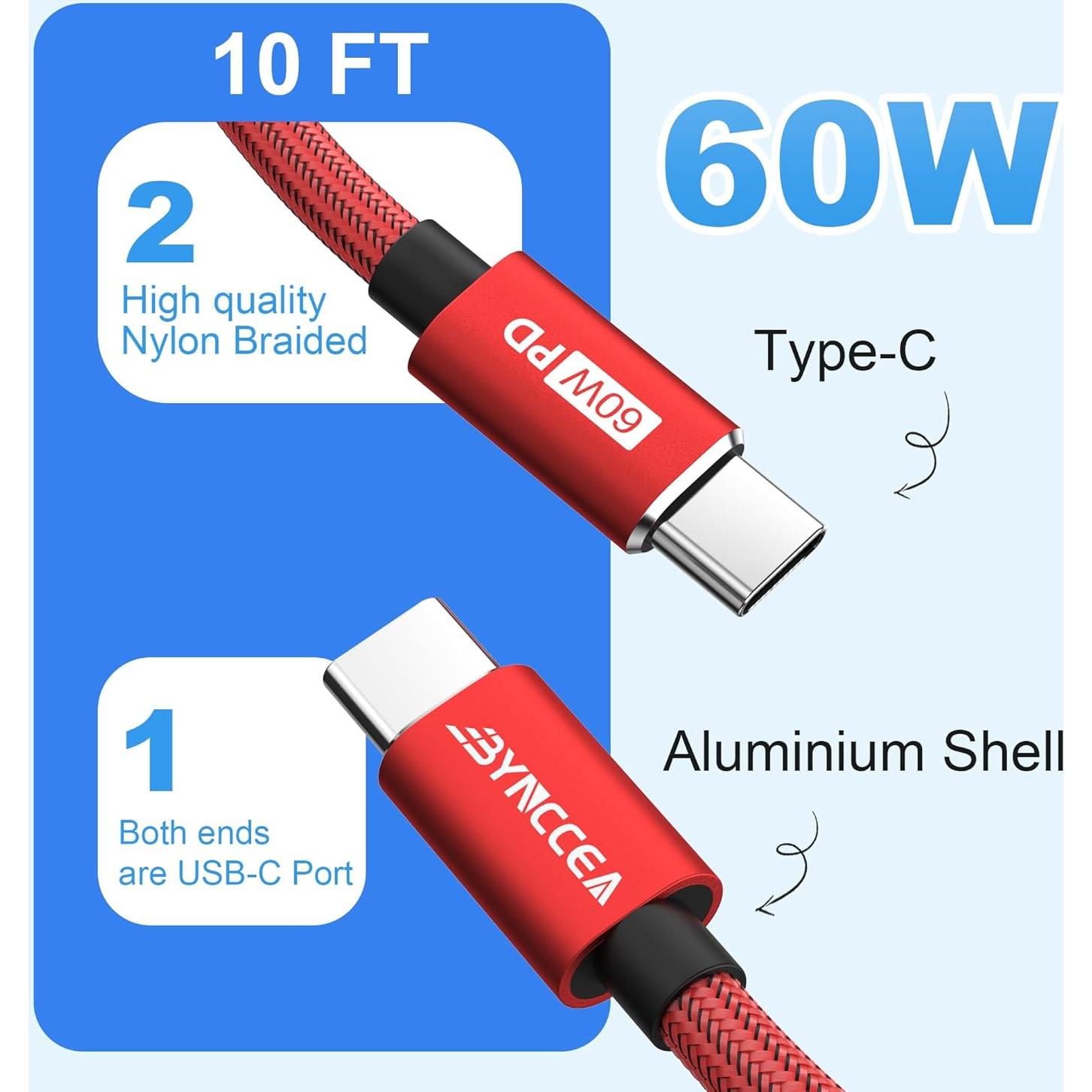 Cable USB C a USB C Bynccea 3m Paquete de 4 Carga Rápida 60W