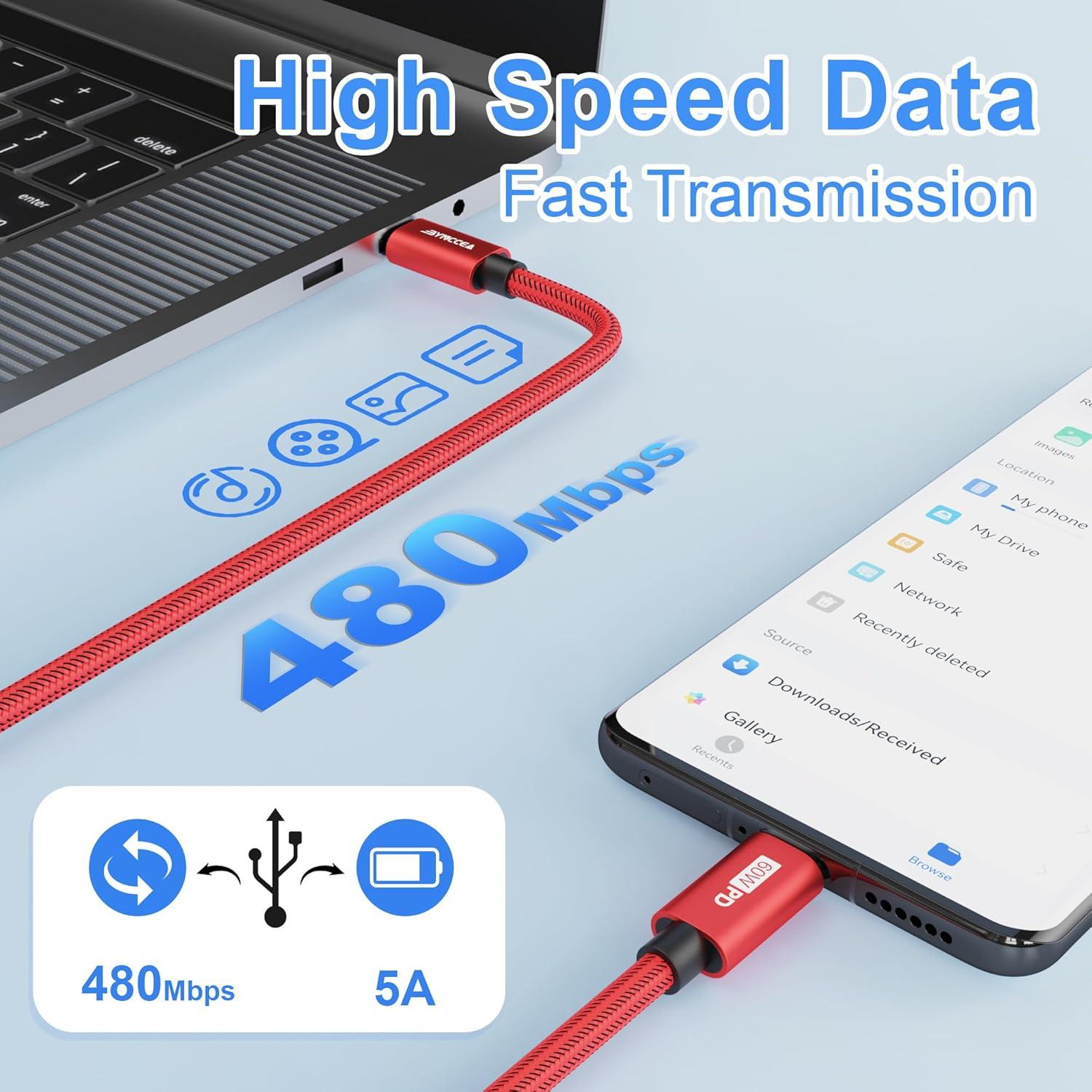 Cable USB C a USB C Bynccea 3m Paquete de 4 Carga Rápida 60W