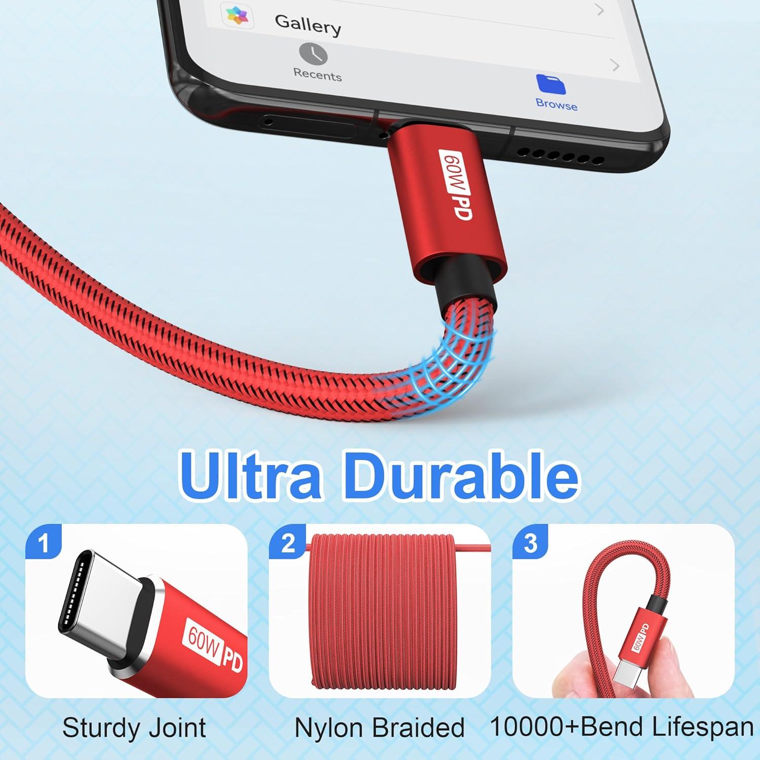 Cable USB C a USB C Bynccea 3m Paquete de 4 Carga Rápida 60W