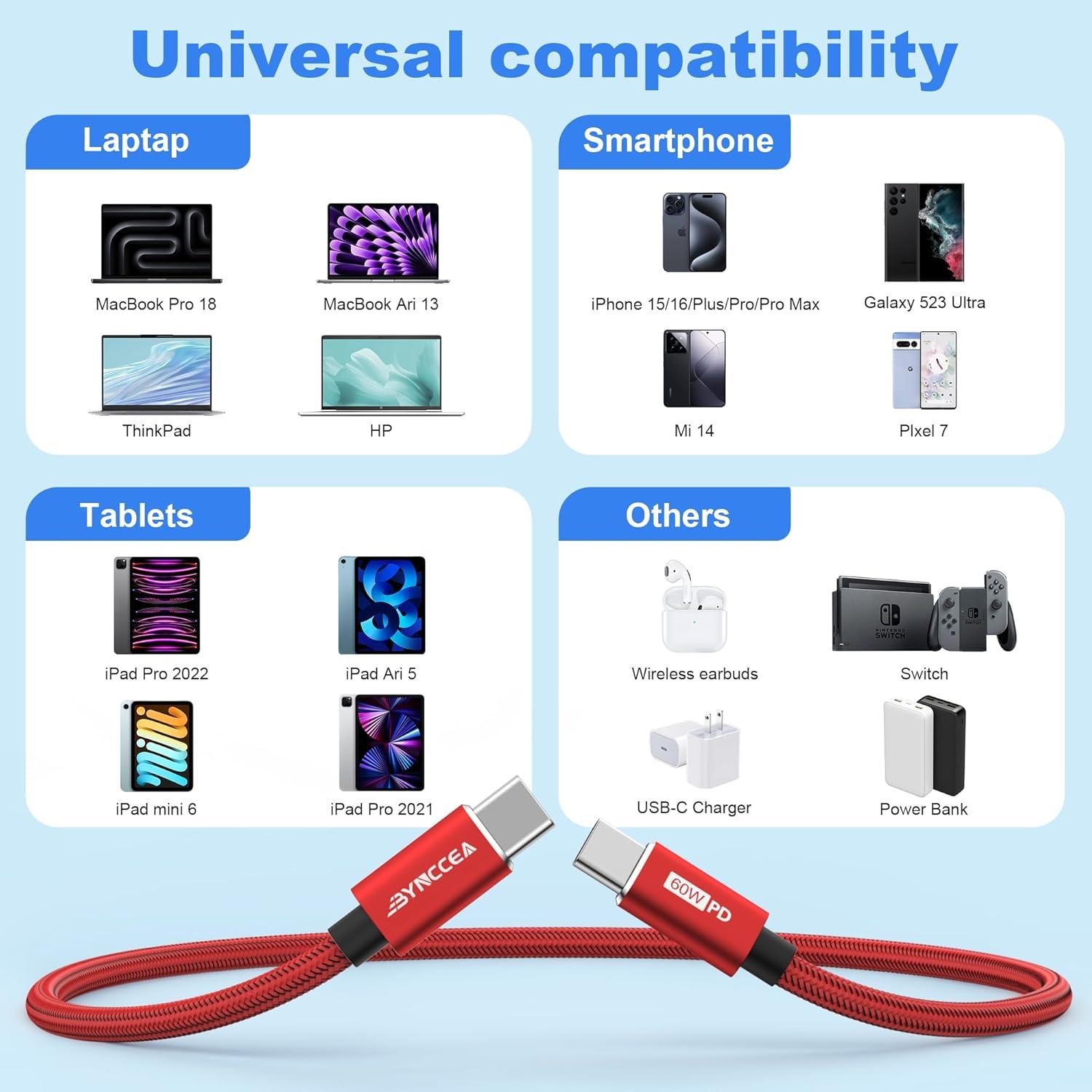 Cable USB C a USB C Bynccea 3m Paquete de 4 Carga Rápida 60W