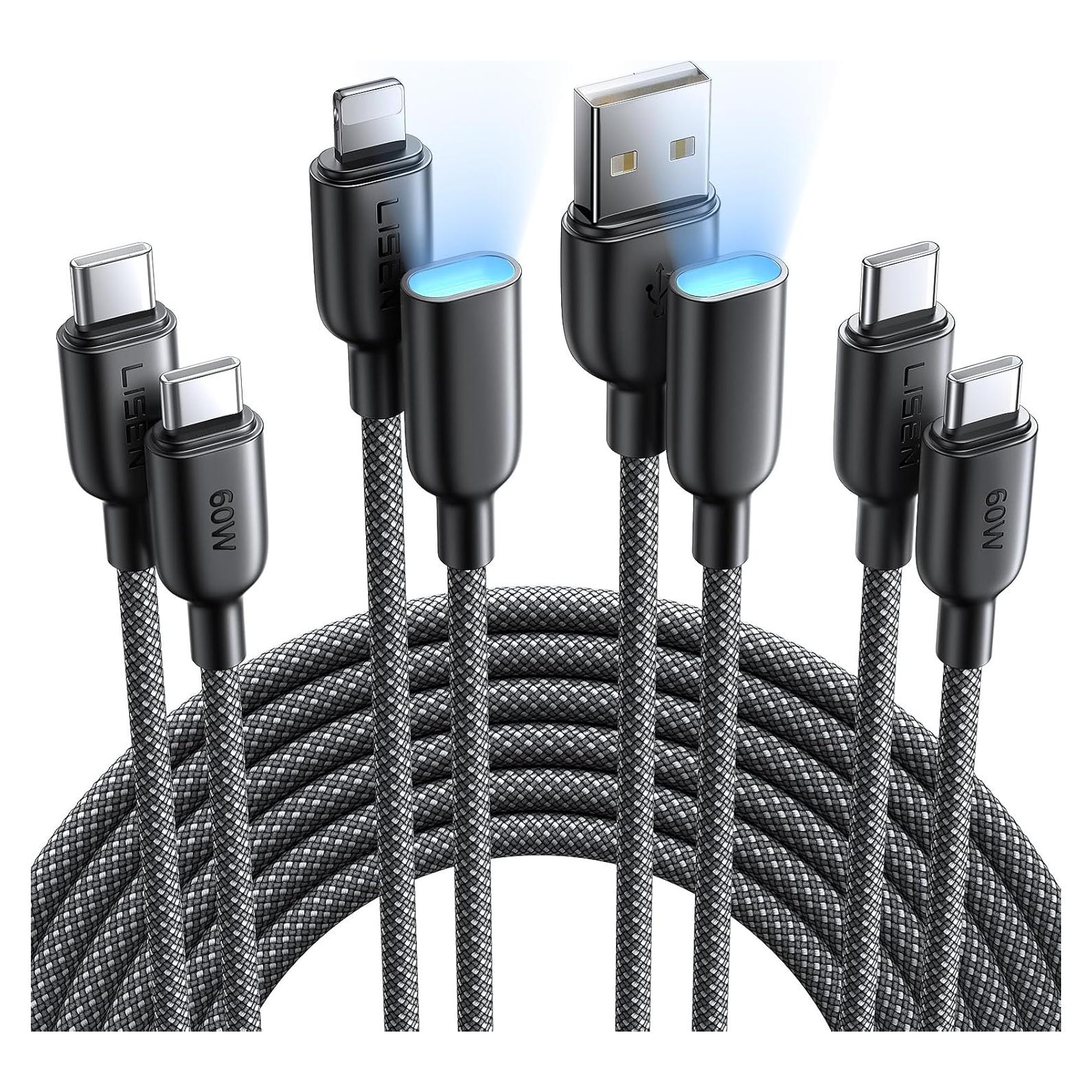 Cable USB C 4 en 1 LISEN 60W [2x2M, 2x0.4M] Carga Rápida