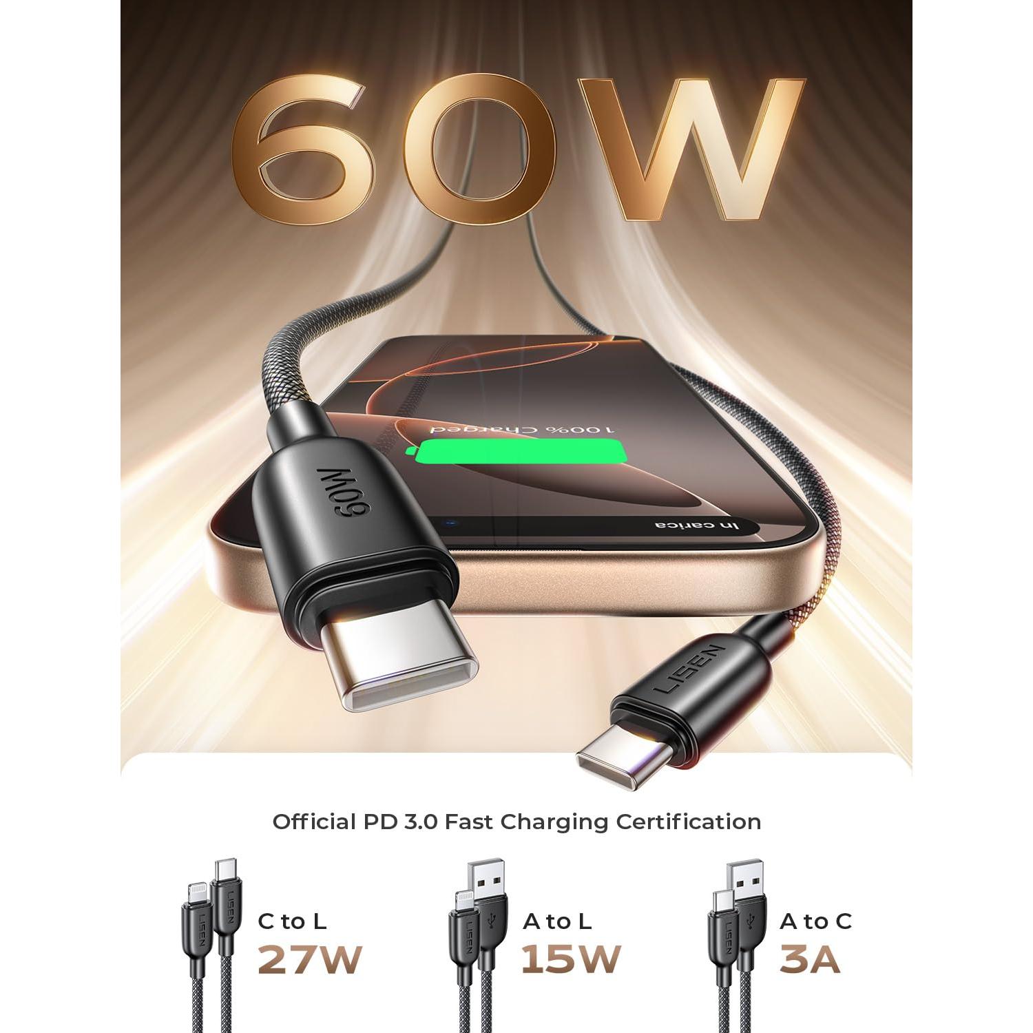 Cable USB C 4 en 1 LISEN 60W [2x2M, 2x0.4M] Carga Rápida