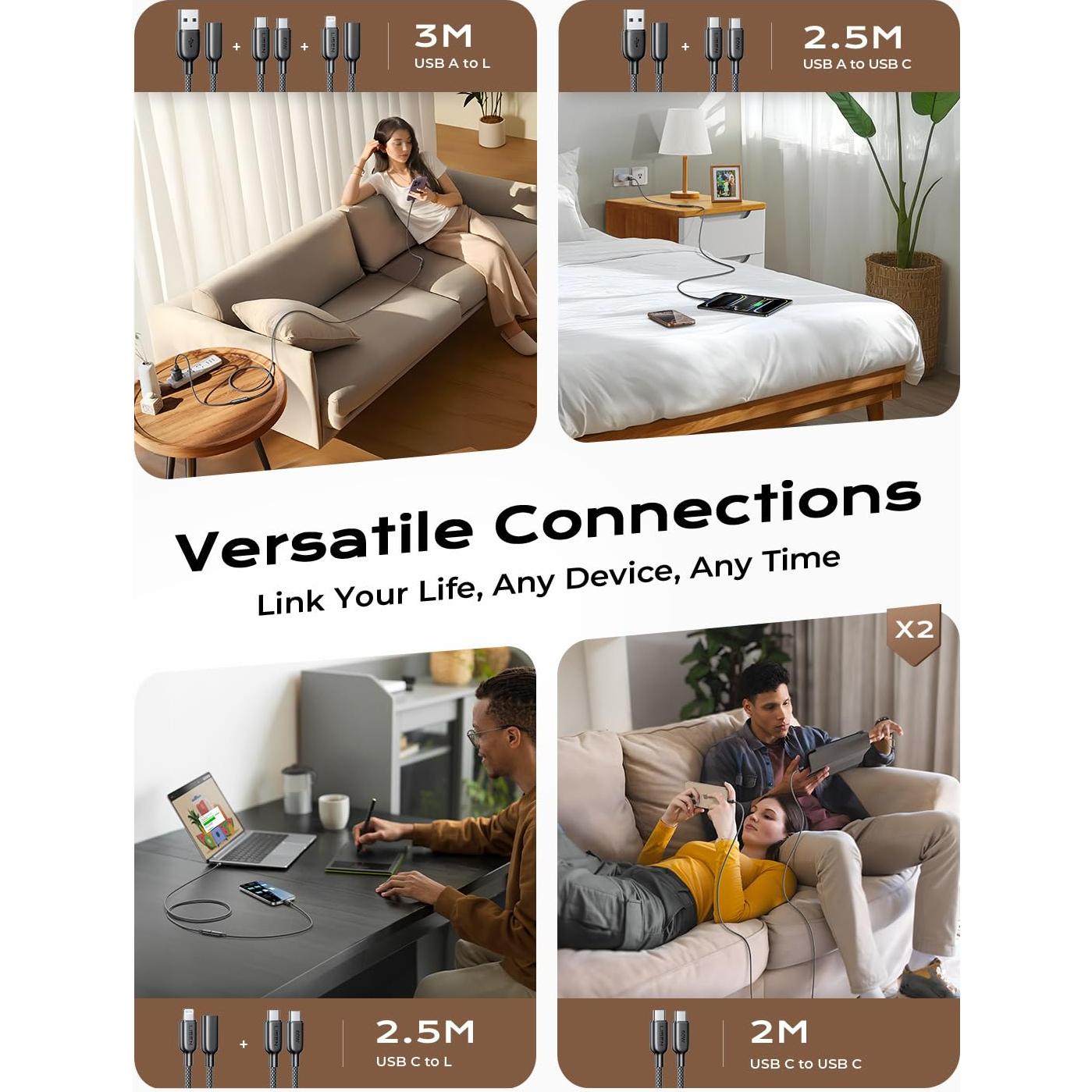 Cable USB C 4 en 1 LISEN 60W [2x2M, 2x0.4M] Carga Rápida