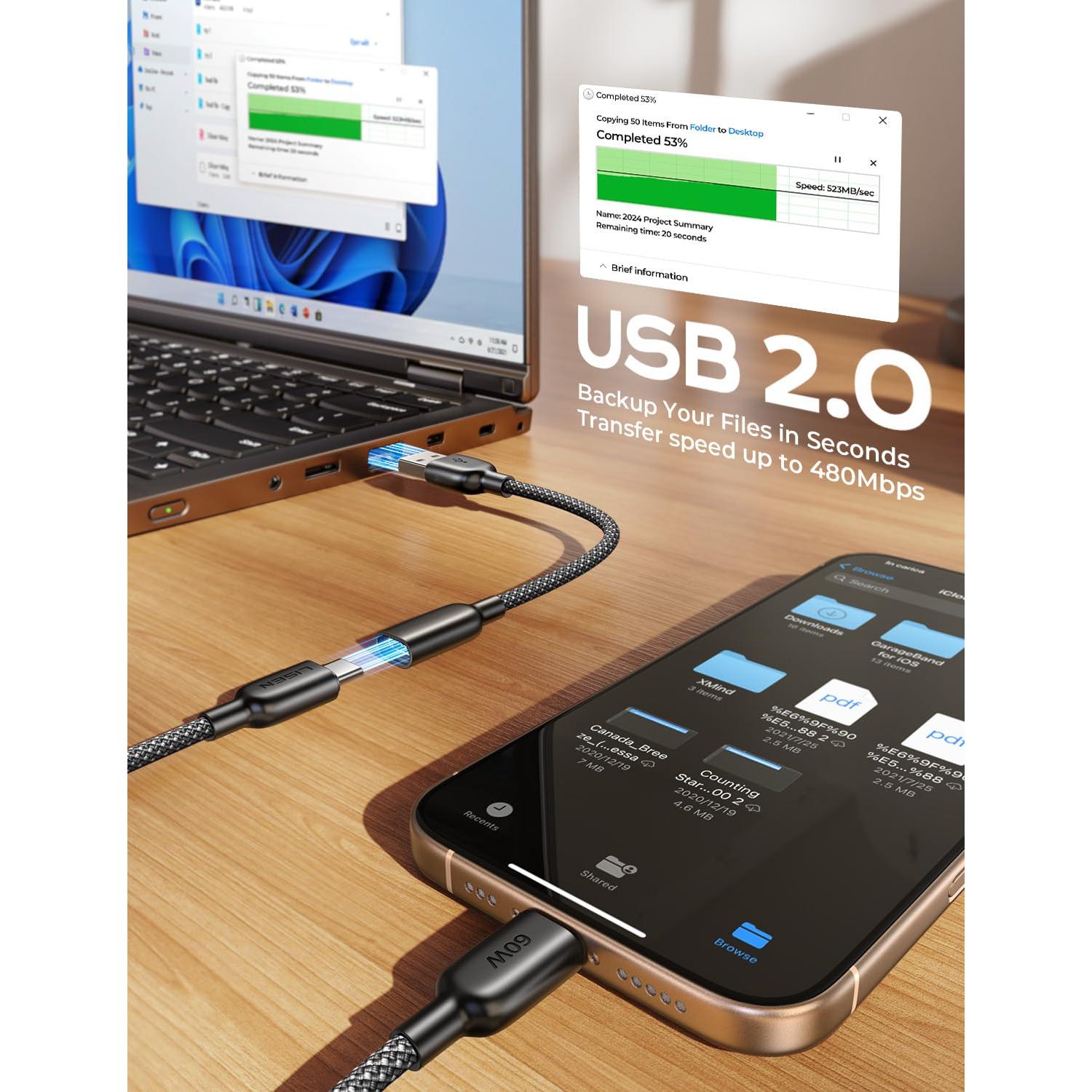 Cable USB C 4 en 1 LISEN 60W [2x2M, 2x0.4M] Carga Rápida