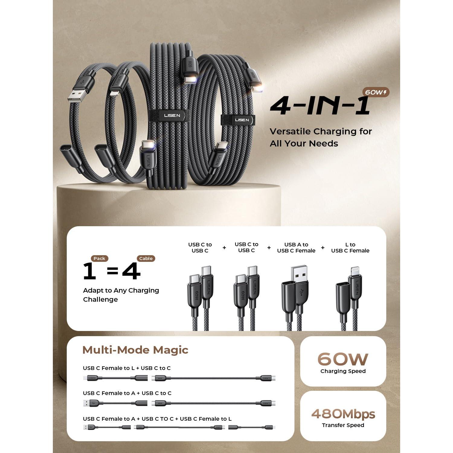 Cable USB C 4 en 1 LISEN 60W [2x2M, 2x0.4M] Carga Rápida