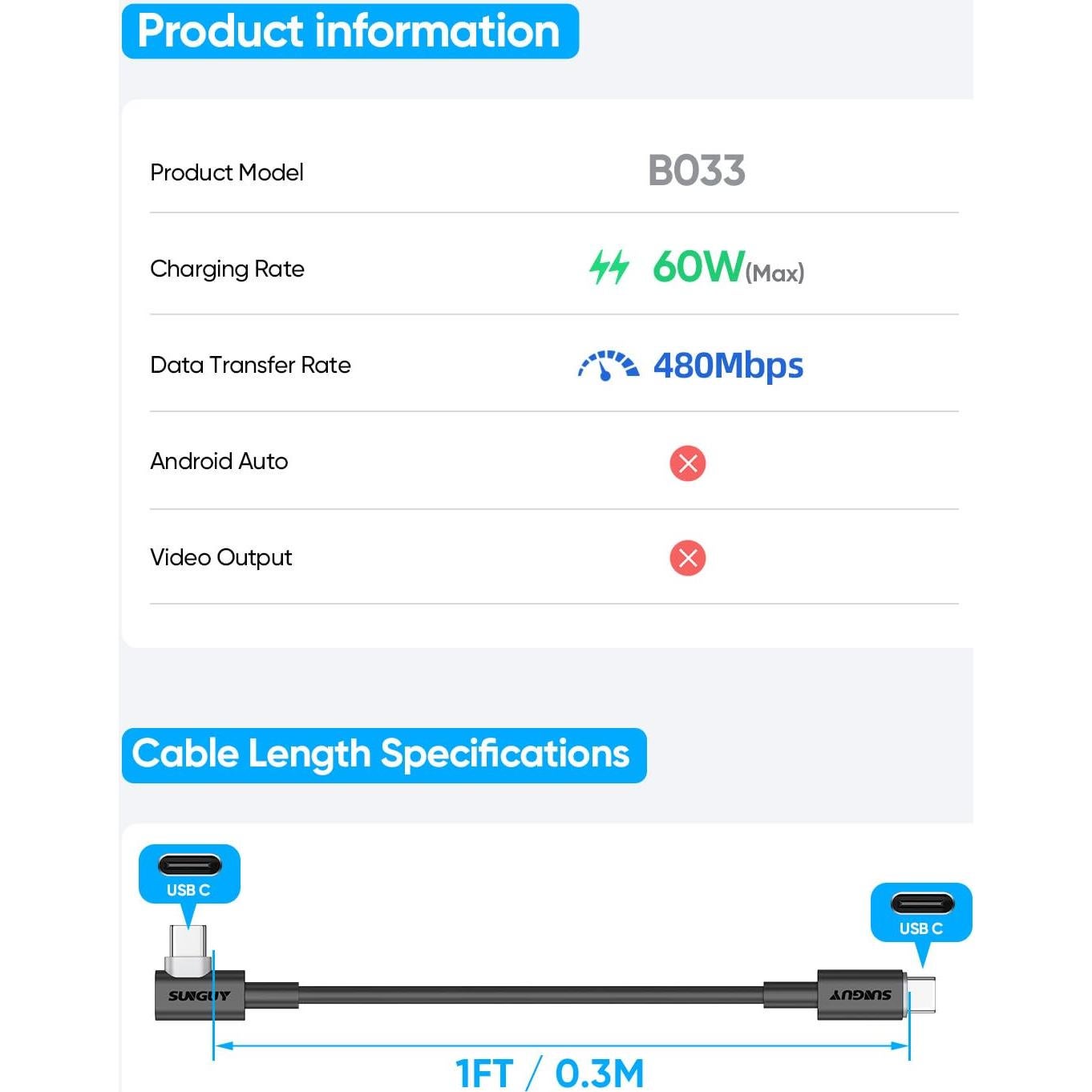 Cable USB C a USB C SUNGUY 30.48 cm 90 Grados Carga Rápida 60W