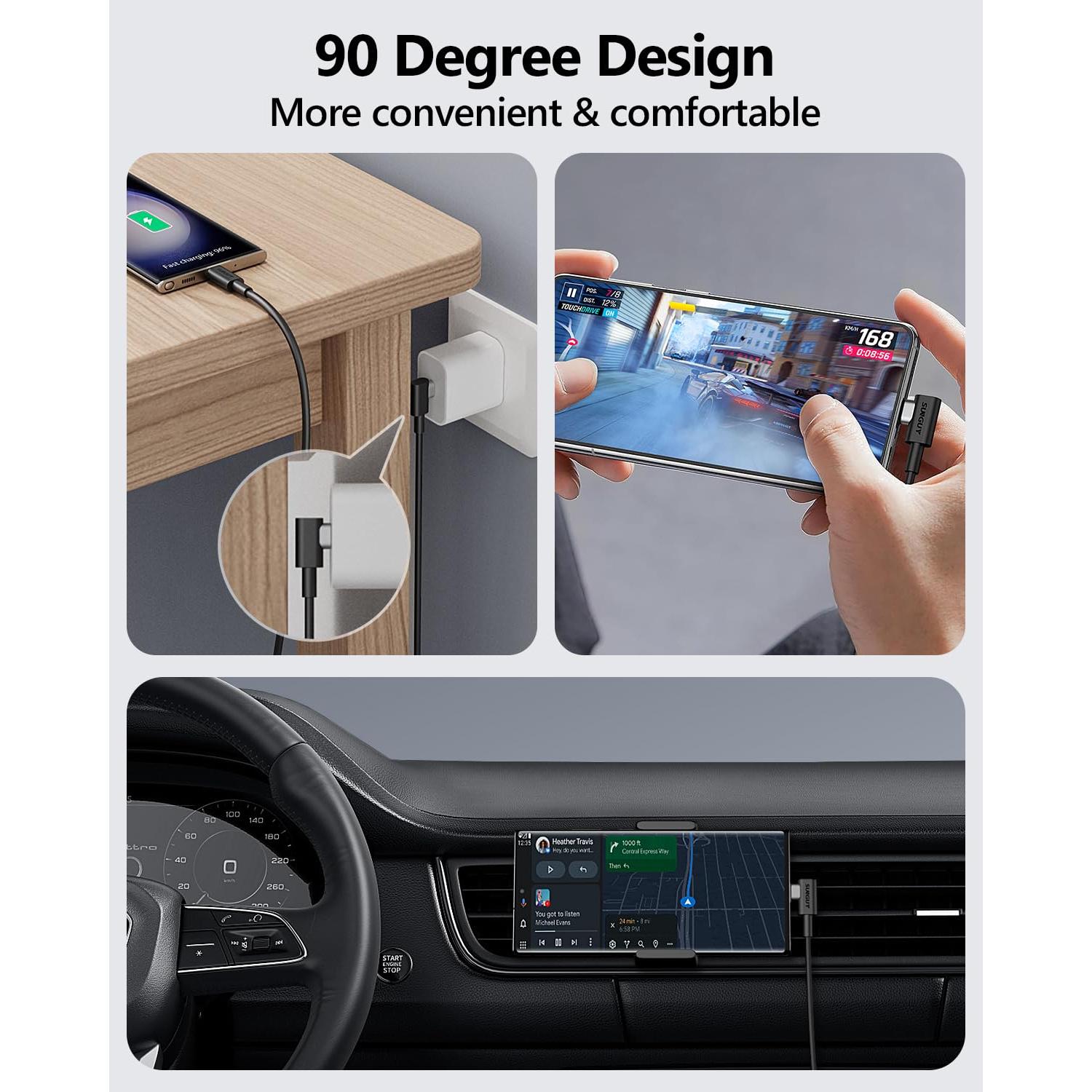 Cable USB C a USB C SUNGUY 30.48 cm 90 Grados Carga Rápida 60W