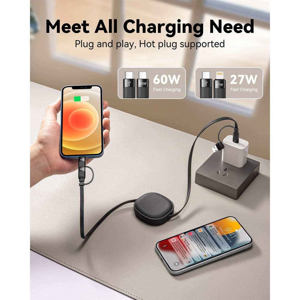 Cable de Carga Múltiple MINLU 5 en 1 Retráctil 60W USB-C