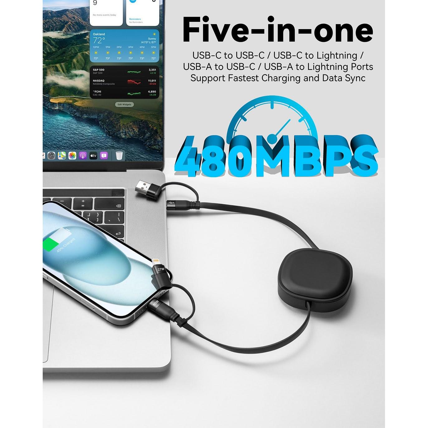 Cable de Carga Múltiple MINLU 5 en 1 Retráctil 60W USB-C