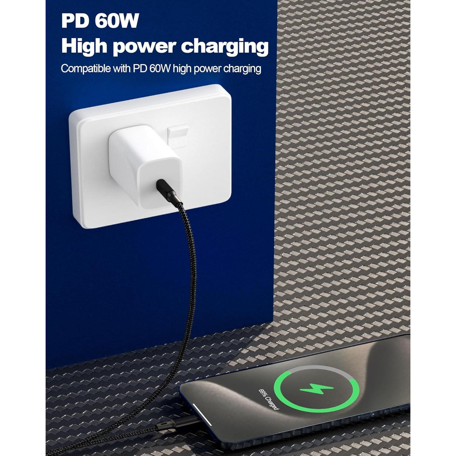 Paquete 5 Cables USB C 60W Nylon Trenzado 1.01m a 3.05m