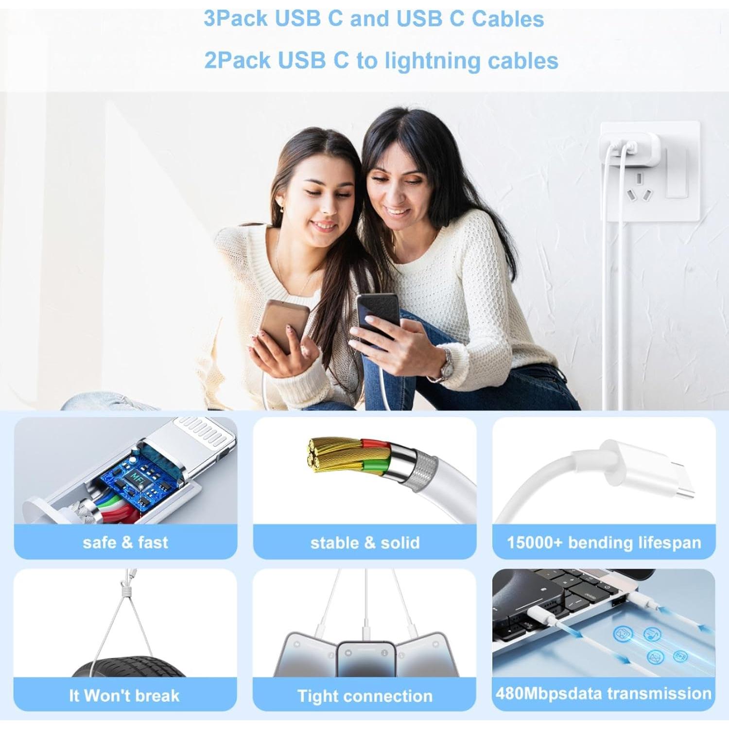 iPad Charger Cord [3-Pack USB C to USB-C + 2-Pack Type C to Lightning Cables] Compatible with iPad Pro/Air/Mini, Fast Charging & Data Sync, Durable Cables for iPhone, and More