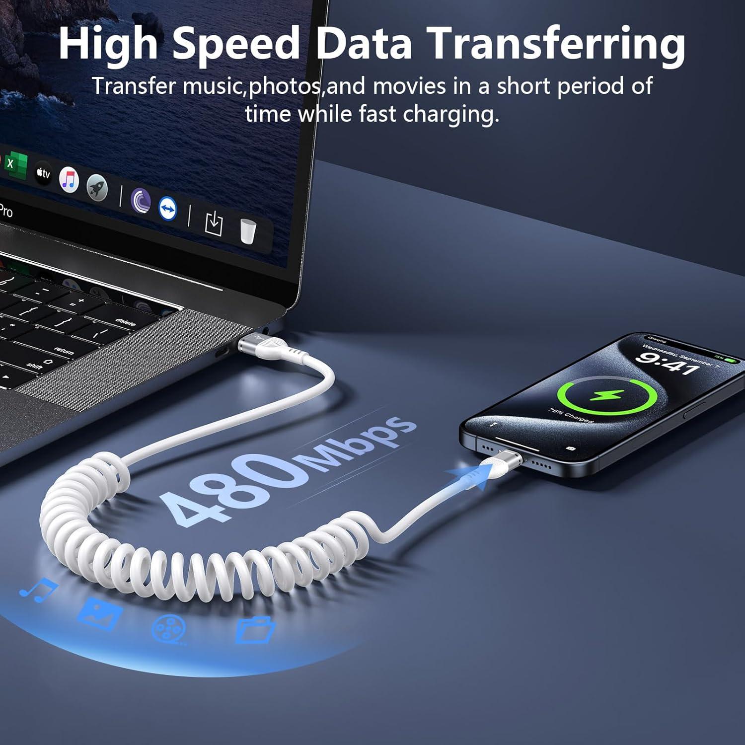 Cable USB C Enrollado 1.5m Blanco para Samsung Galaxy A56