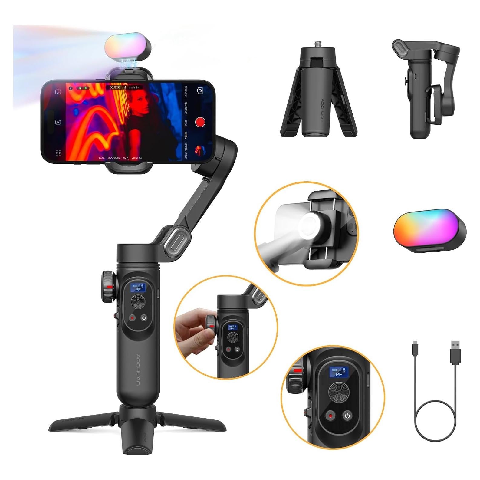 Gimbal Estabilizador 3 Ejes AOCHUAN Smart X Pro con Luz RGB
