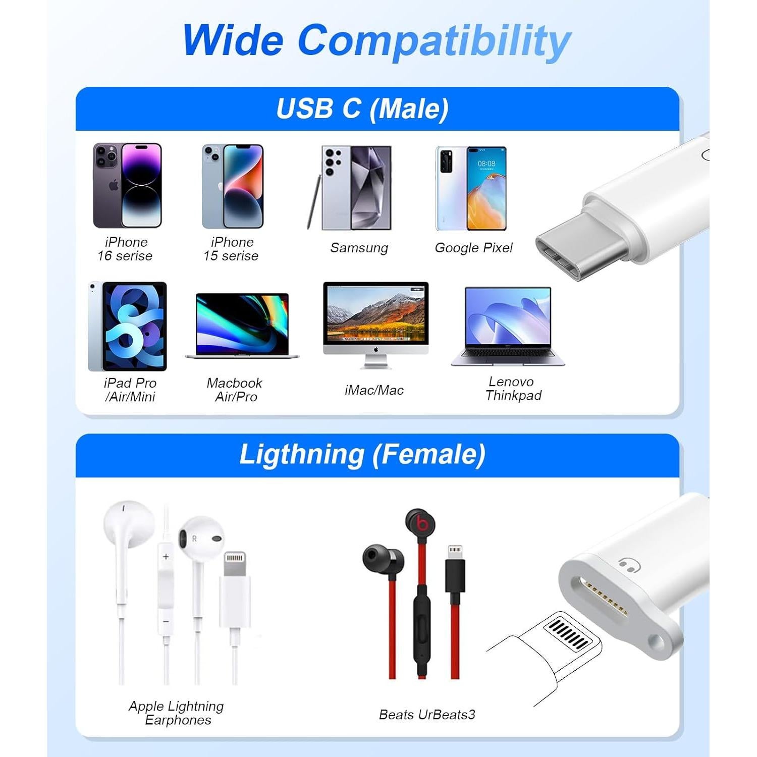 Adaptador de Audio Lightning a USB C Denlane - 2 Paquetes