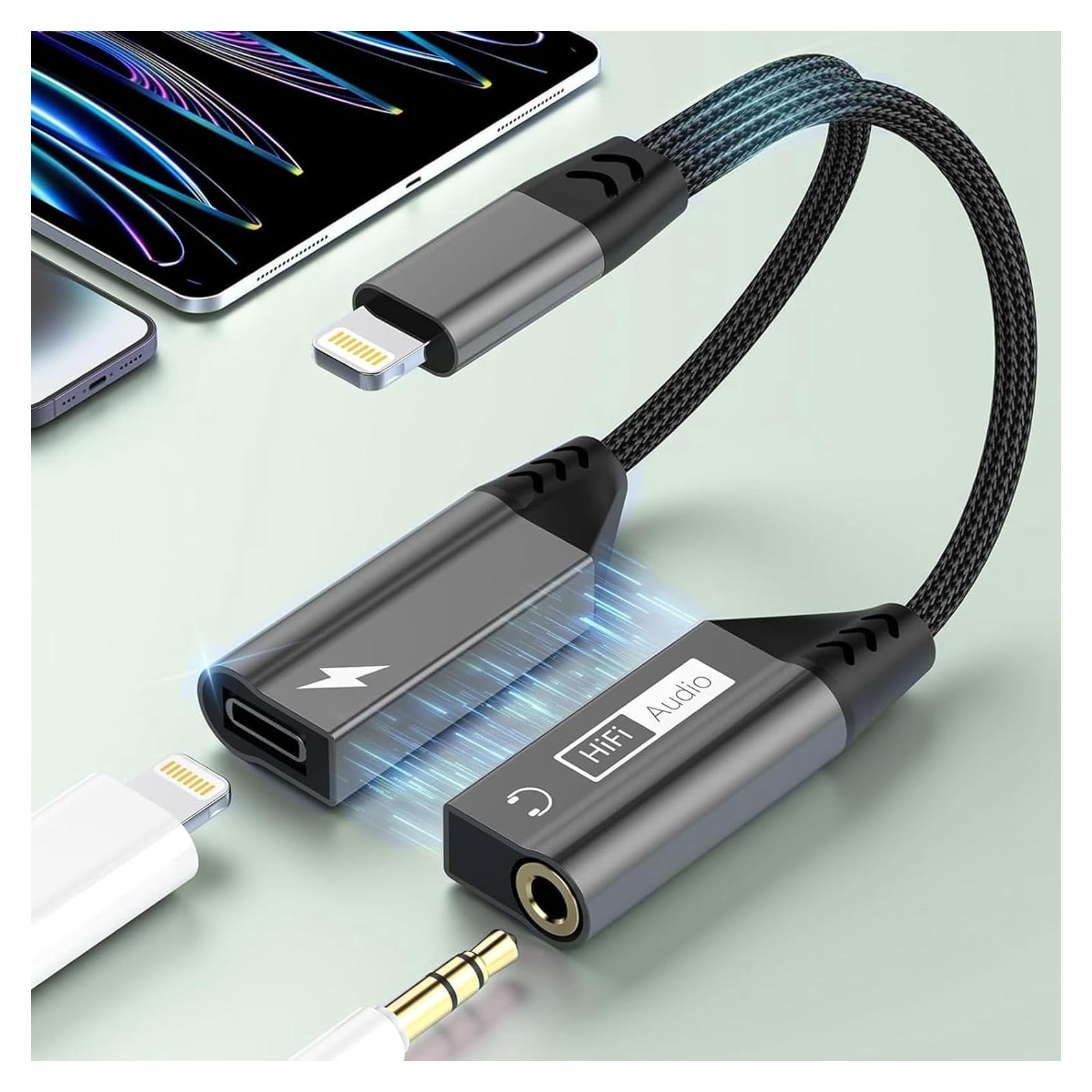 Adaptador 2-en-1 Lightning a 3.5mm AUX y Cargador iPhone Gris