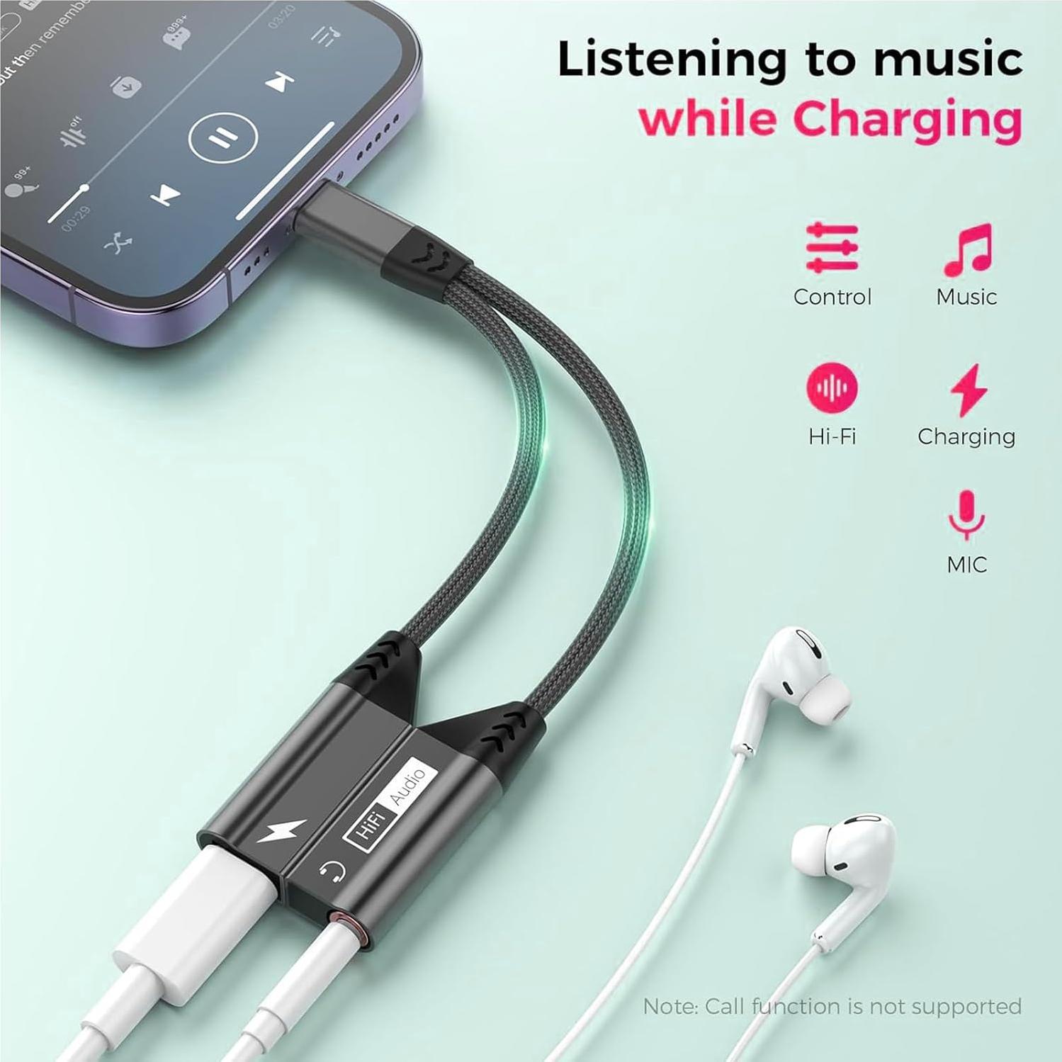 Adaptador 2-en-1 Lightning a 3.5mm AUX y Cargador iPhone Gris