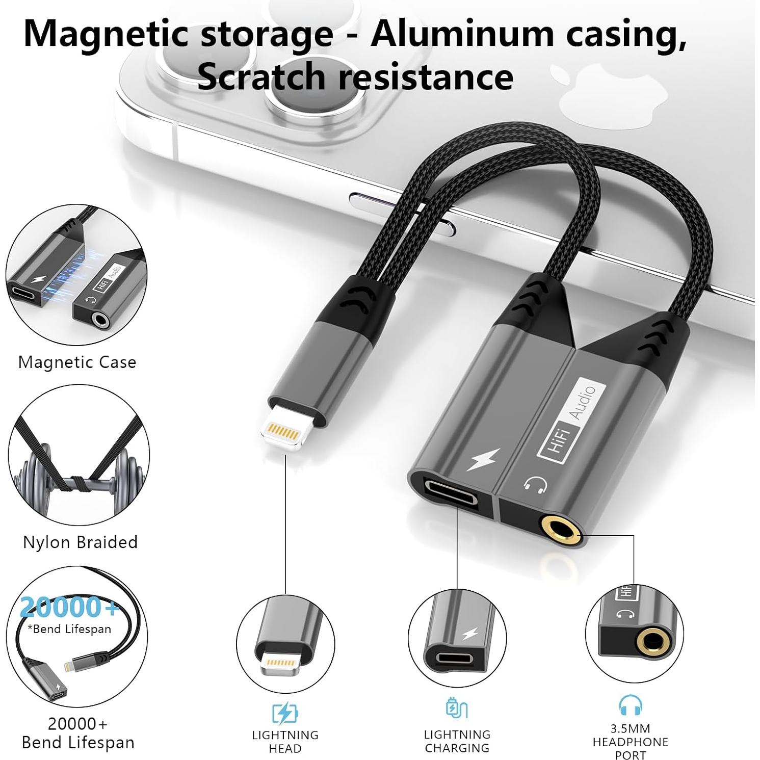 Adaptador 2-en-1 Lightning a 3.5mm AUX y Cargador iPhone Gris