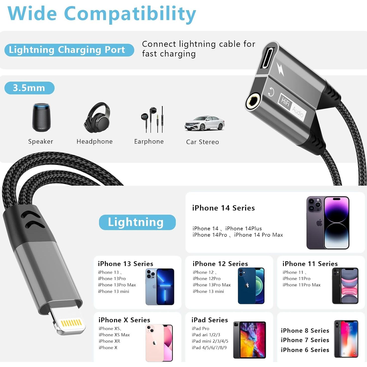 Adaptador 2-en-1 Lightning a 3.5mm AUX y Cargador iPhone Gris