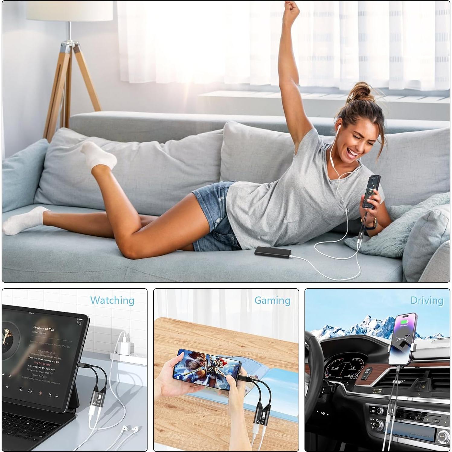 Adaptador 2-en-1 Lightning a 3.5mm AUX y Cargador iPhone Gris