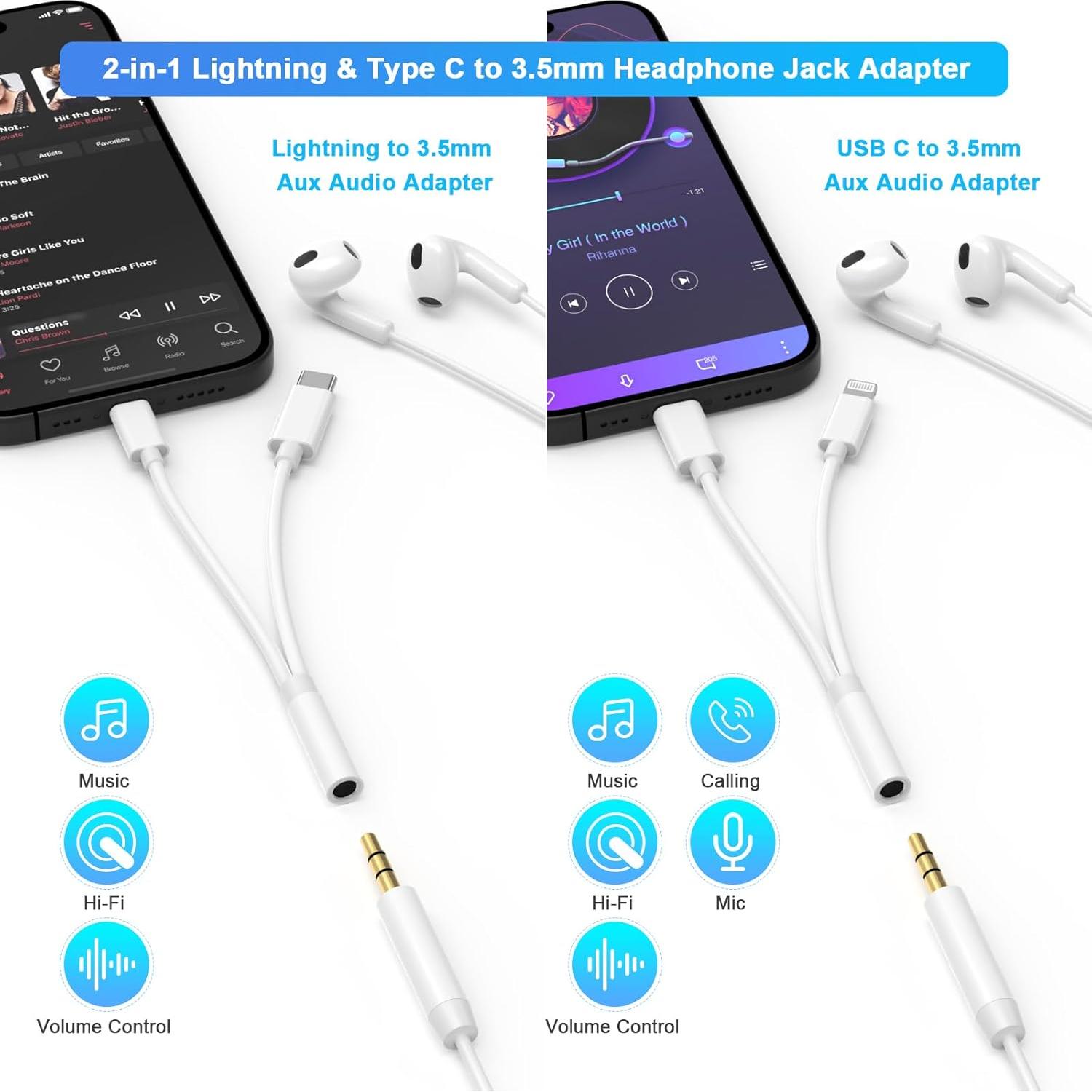 Adaptador de Auriculares Lightning/USB C a 3.5mm MFi para iPhone