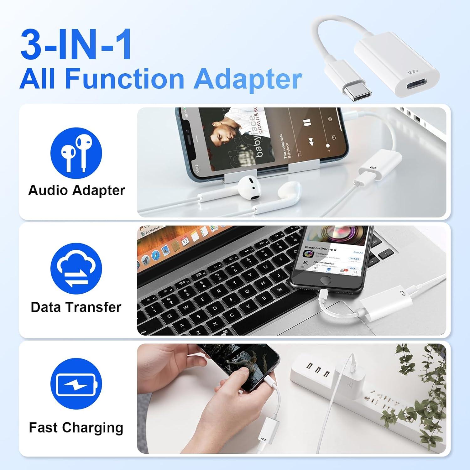 Adaptador Denlane Lightning a USB C para Auriculares - Carga y Datos