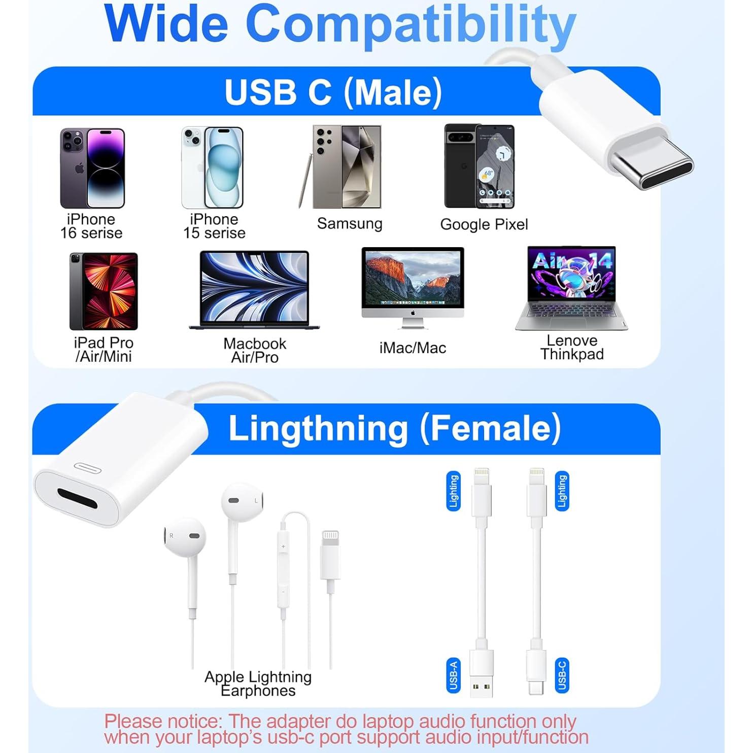 Adaptador Denlane Lightning a USB C para Auriculares - Carga y Datos