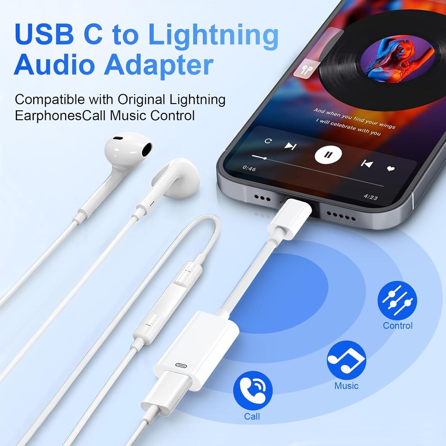 Adaptador Denlane Lightning a USB C para Auriculares - Carga y Datos