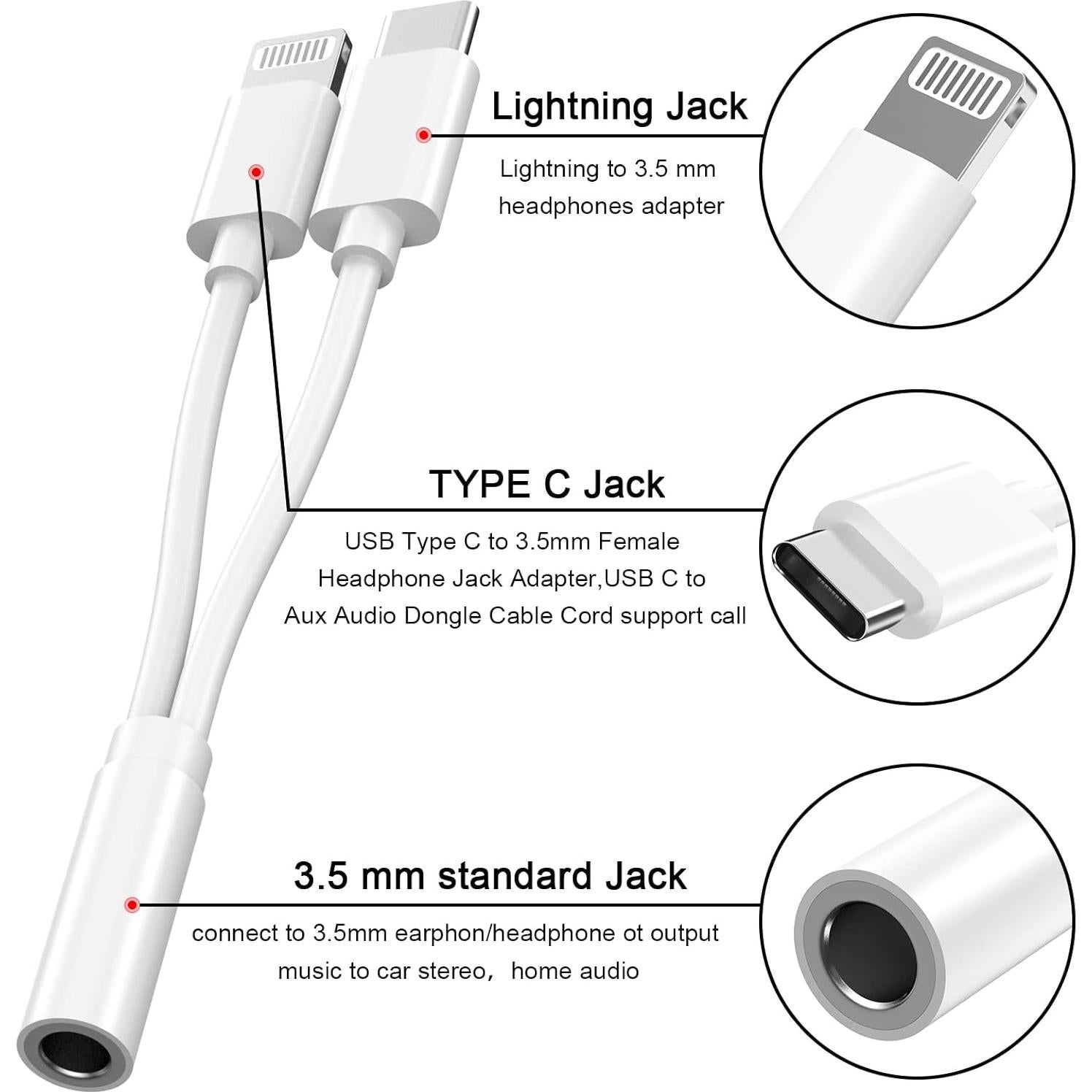 Adaptador Aux 3.5 mm Lightning y USB-C DESOFICON 2 en 1
