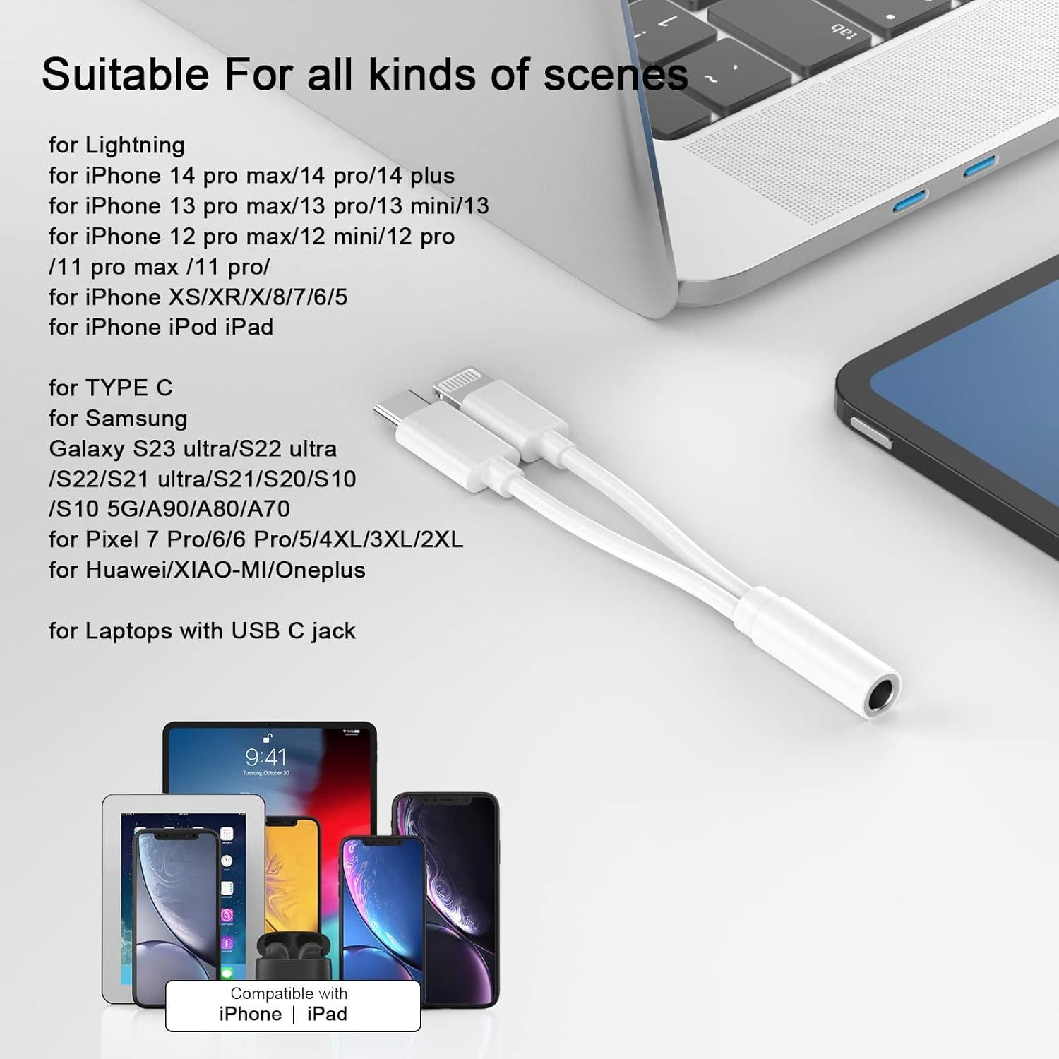 Adaptador Aux 3.5 mm Lightning y USB-C DESOFICON 2 en 1