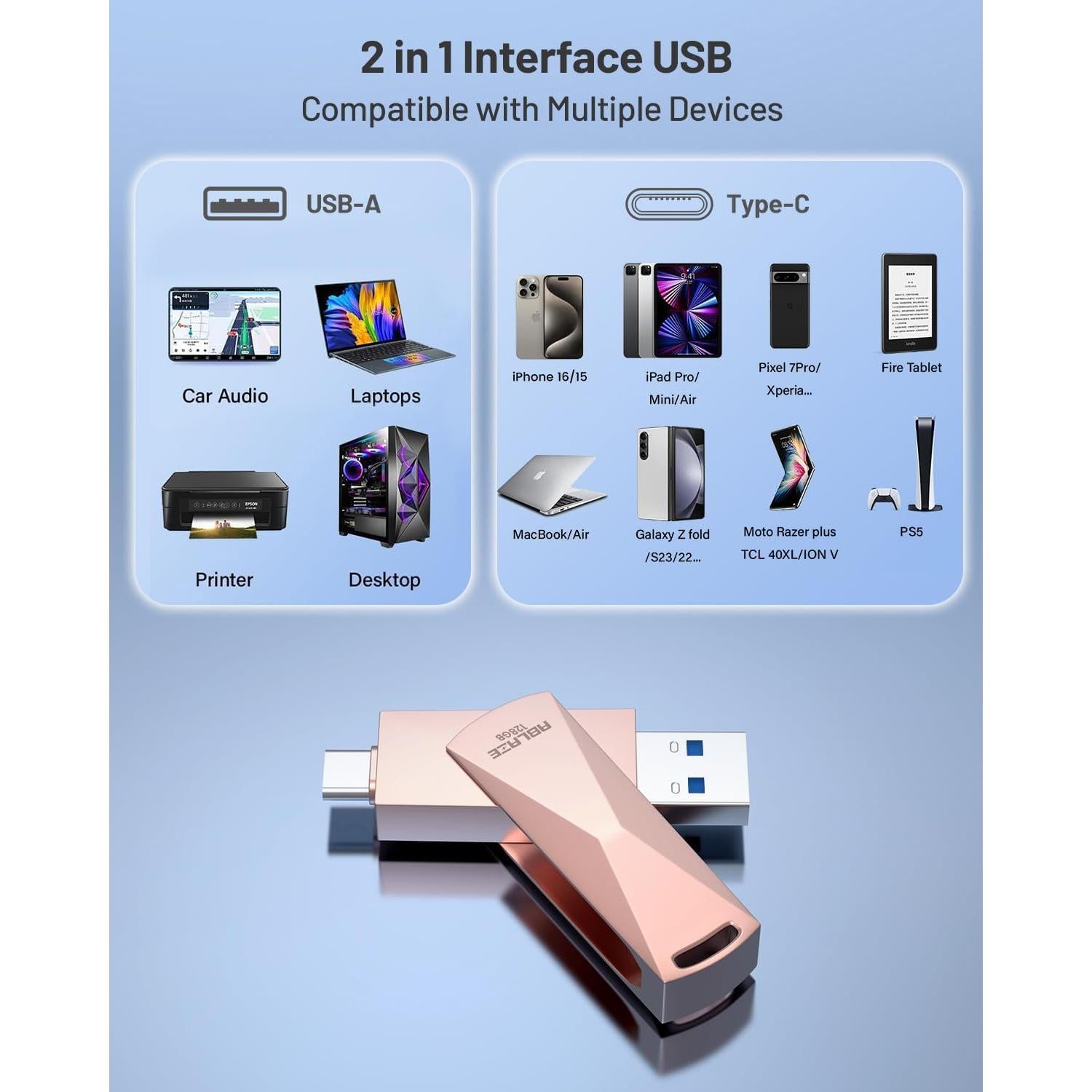Unidad Flash ABLAZE 128GB USB C Doble Interfaz Oro Rosa