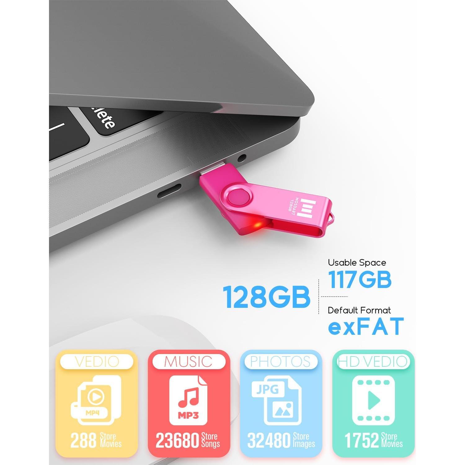 Unidad Flash USB 2.0 MOSDART 128GB Rosa Brillante con LED