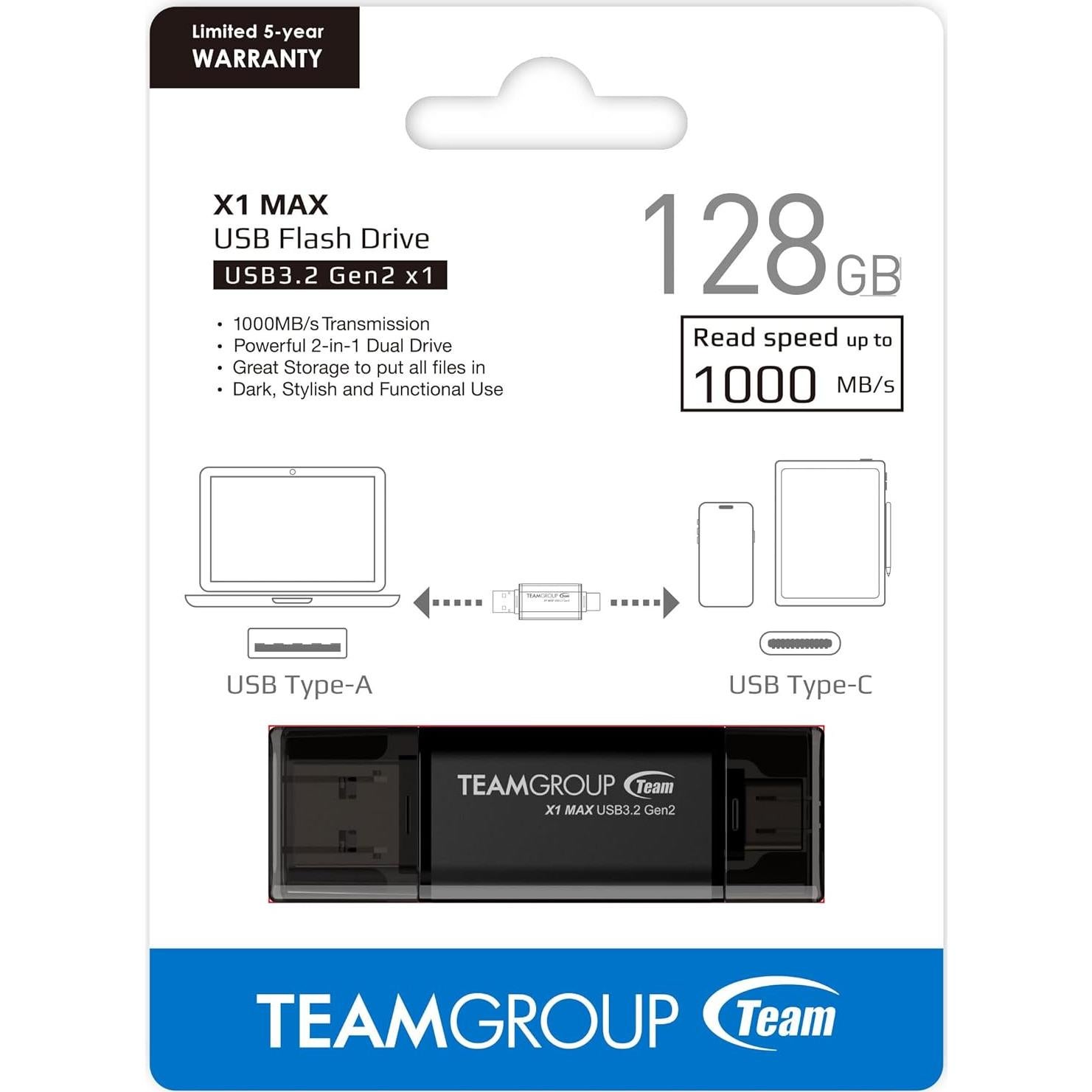 TEAMGROUP X1 MAX 128GB USB 3.2 Doble Interfaz Tipo A y C