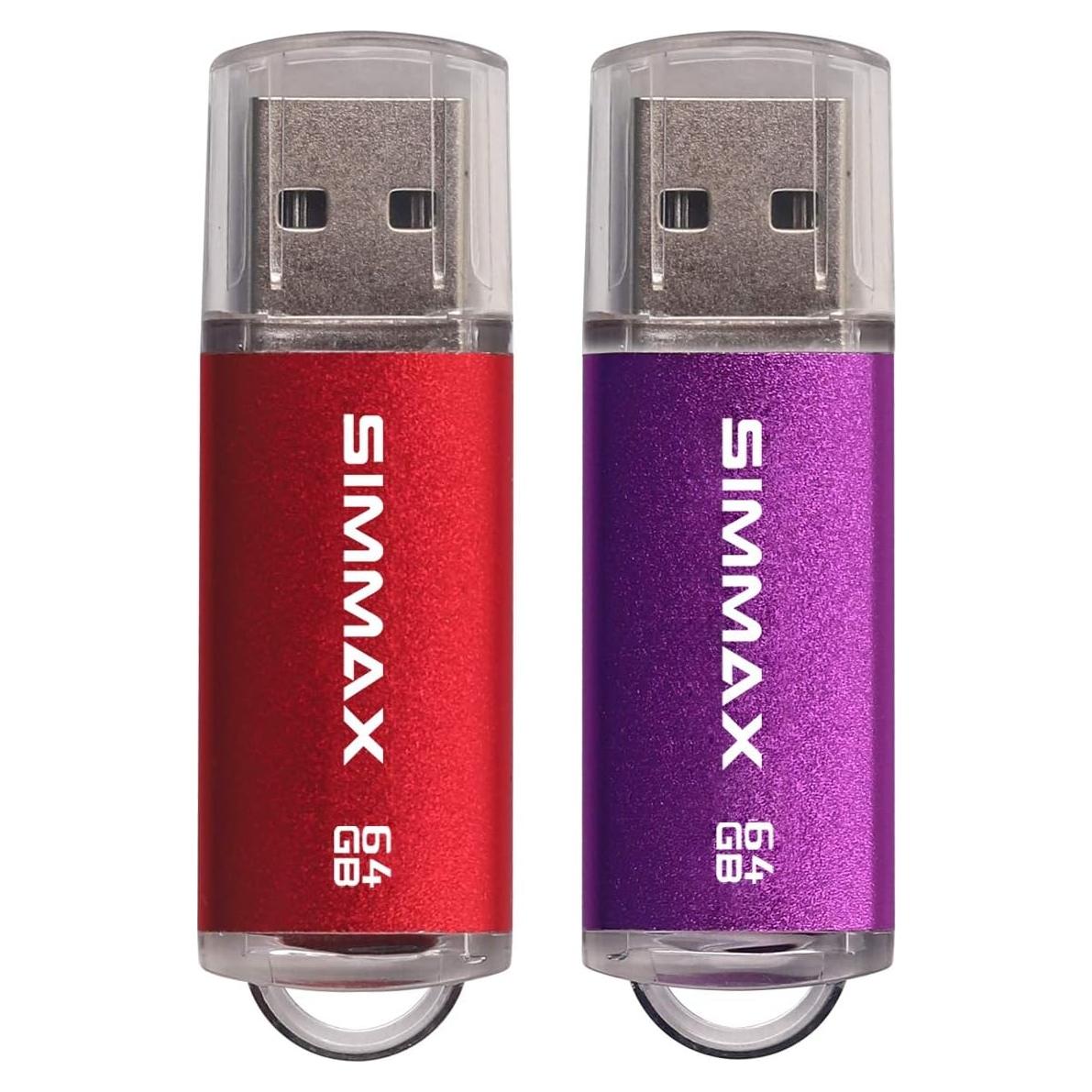 Paquete de 2 Unidades Flash 64GB USB 2.0 SIMMAX Rojo Púrpura