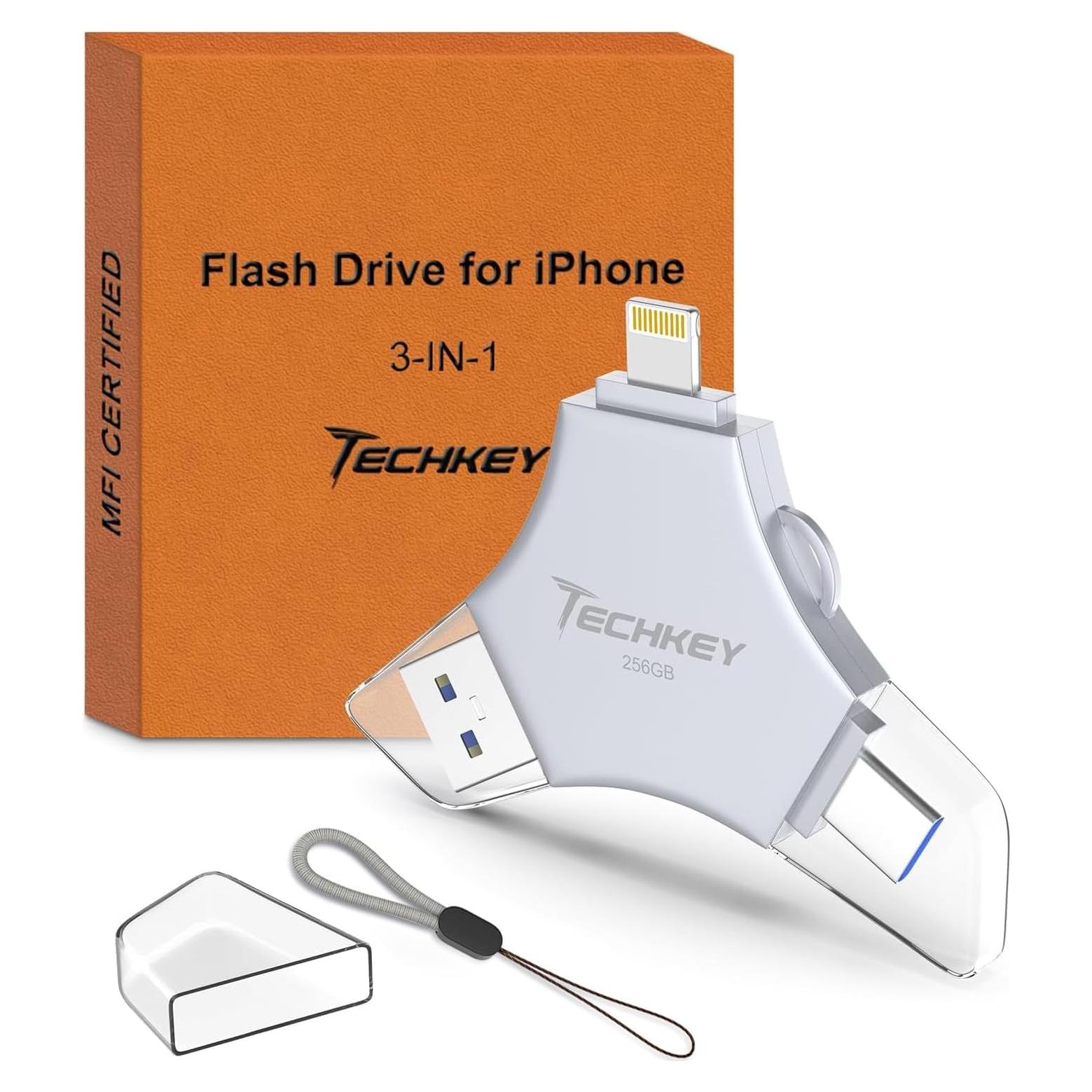 Unidad Flash USB 3.0 Techkey 256GB MFi 3 en 1 para iPhone