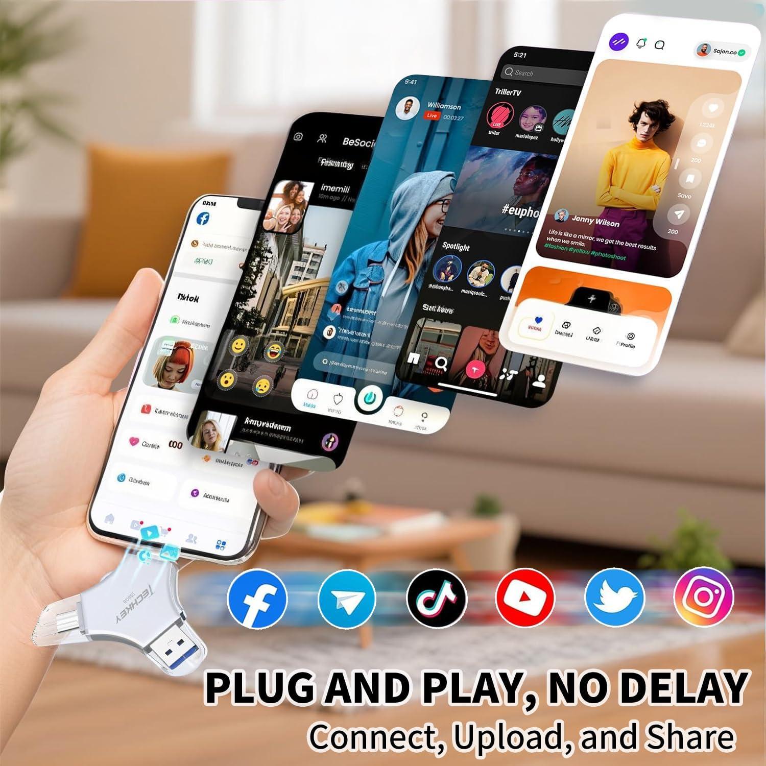 Unidad Flash USB 3.0 Techkey 256GB MFi 3 en 1 para iPhone