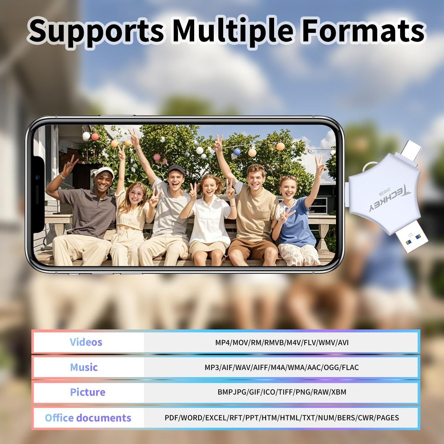 Unidad Flash USB 3.0 Techkey 256GB MFi 3 en 1 para iPhone