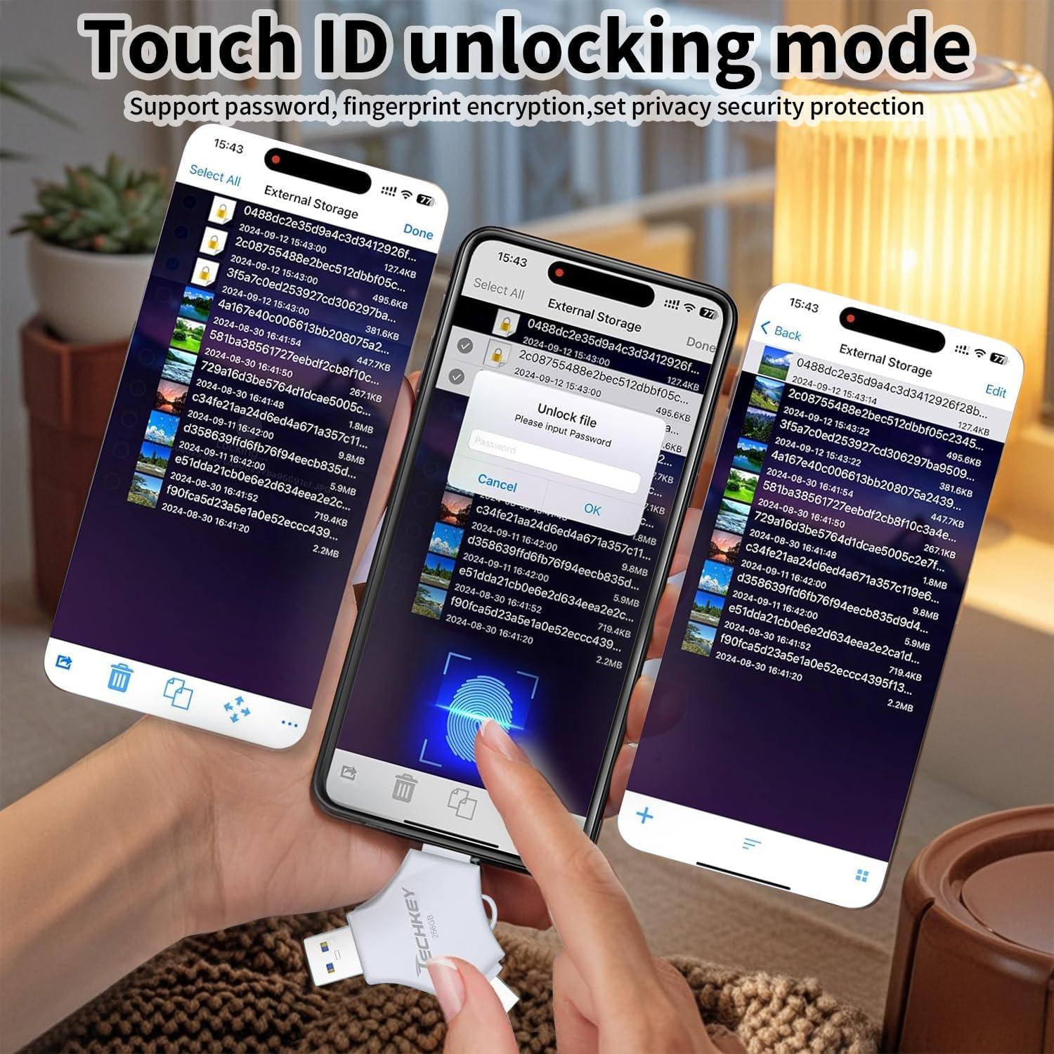 Unidad Flash USB 3.0 Techkey 256GB MFi 3 en 1 para iPhone