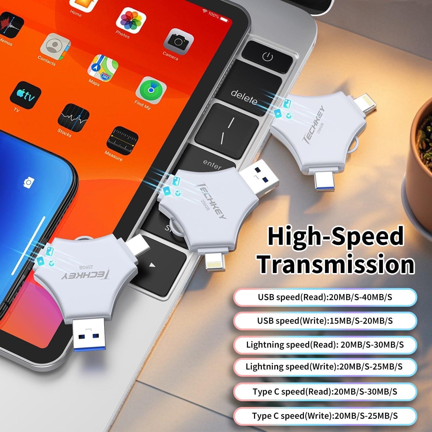 Unidad Flash USB 3.0 Techkey 256GB MFi 3 en 1 para iPhone