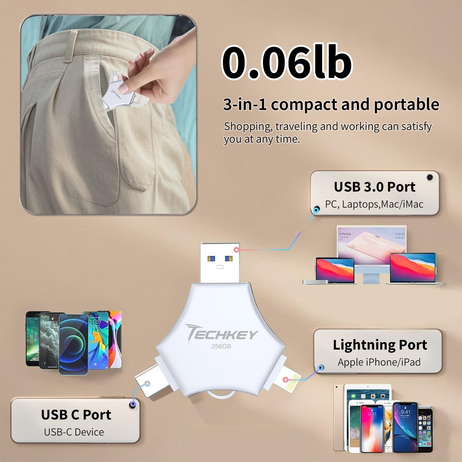 Unidad Flash USB 3.0 Techkey 256GB MFi 3 en 1 para iPhone