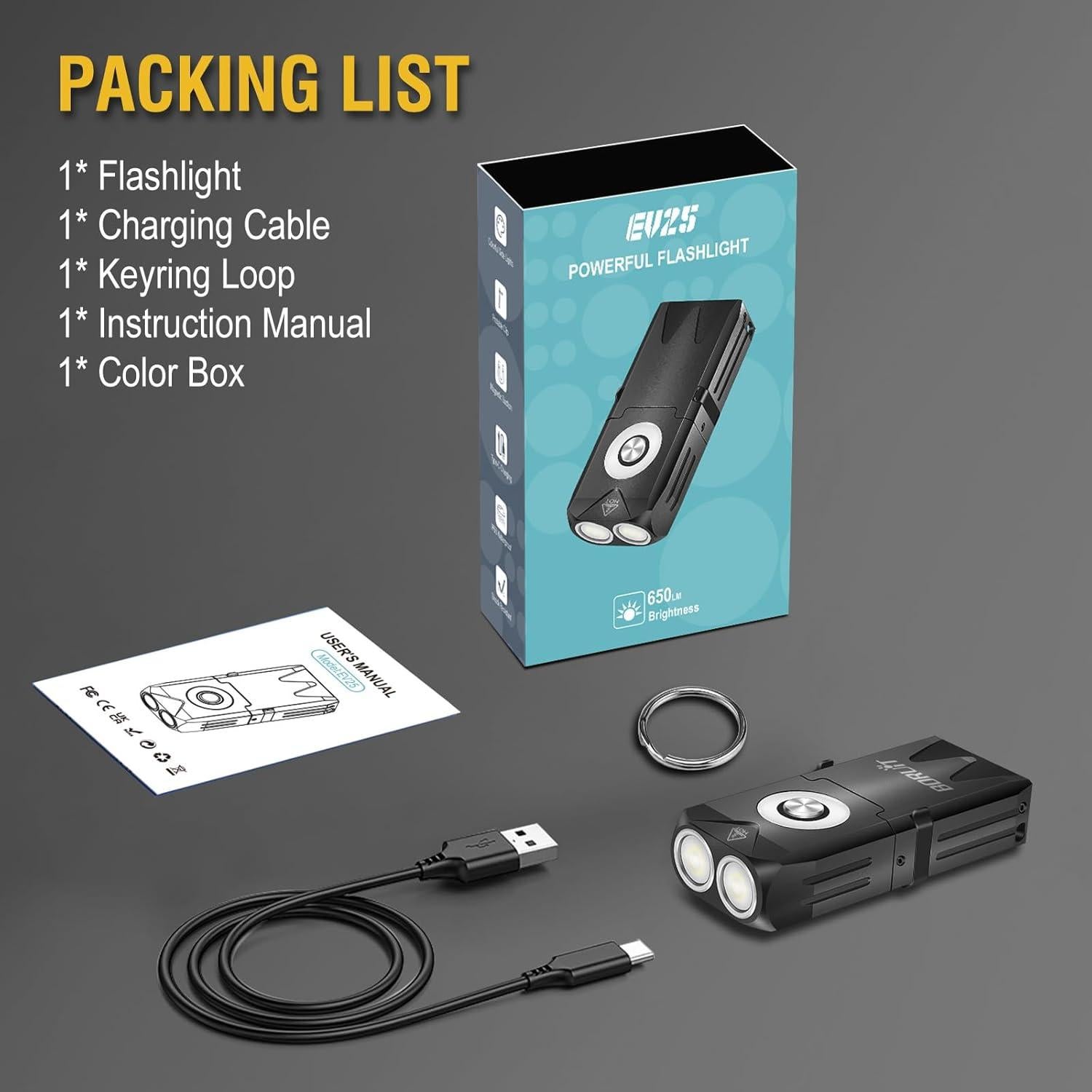 Linterna LED BORUIT EV25 Mini Recargable 650 Lúmenes IP66