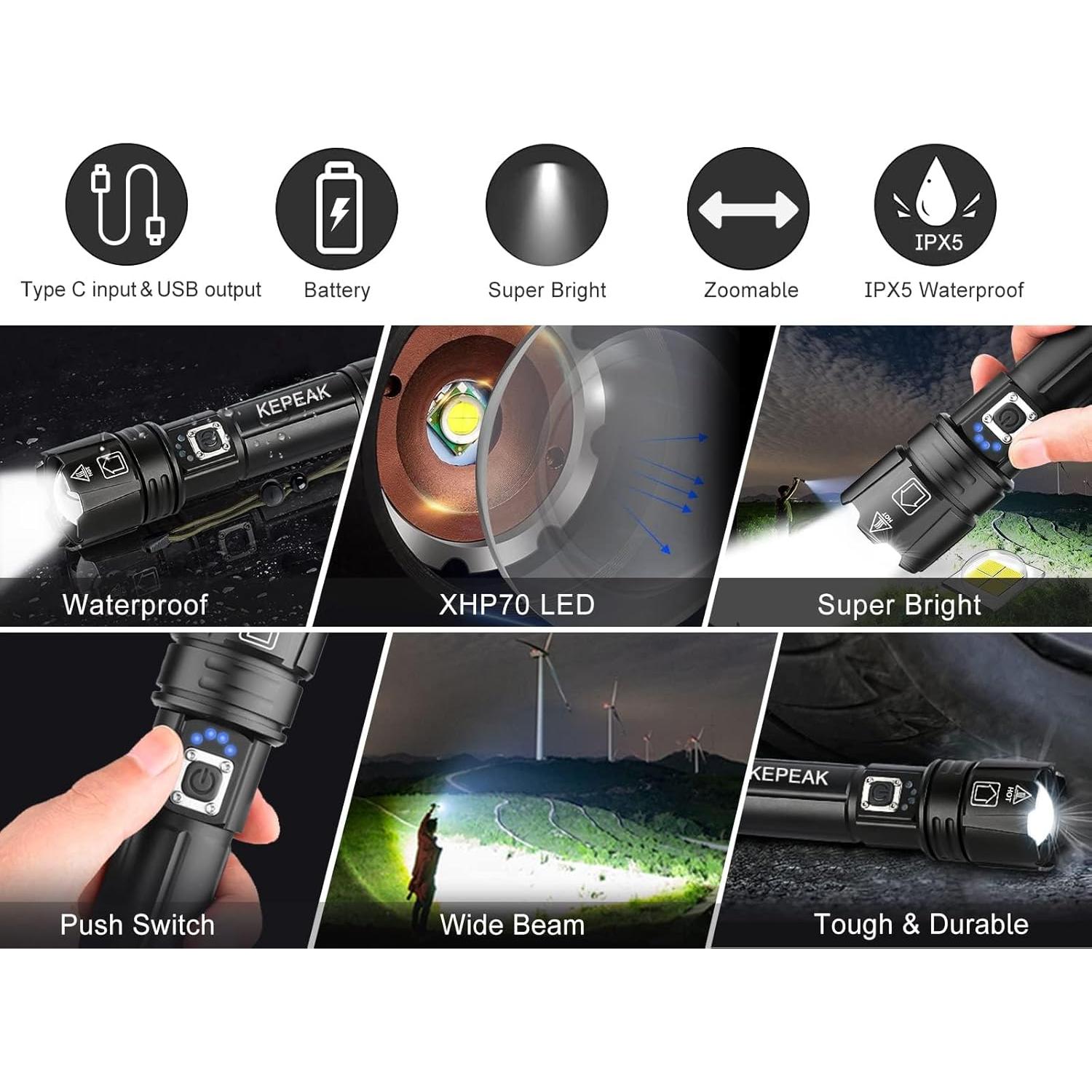 Linterna LED Recargable KEPEAK 1476, 20x Brillante, 5 Modos