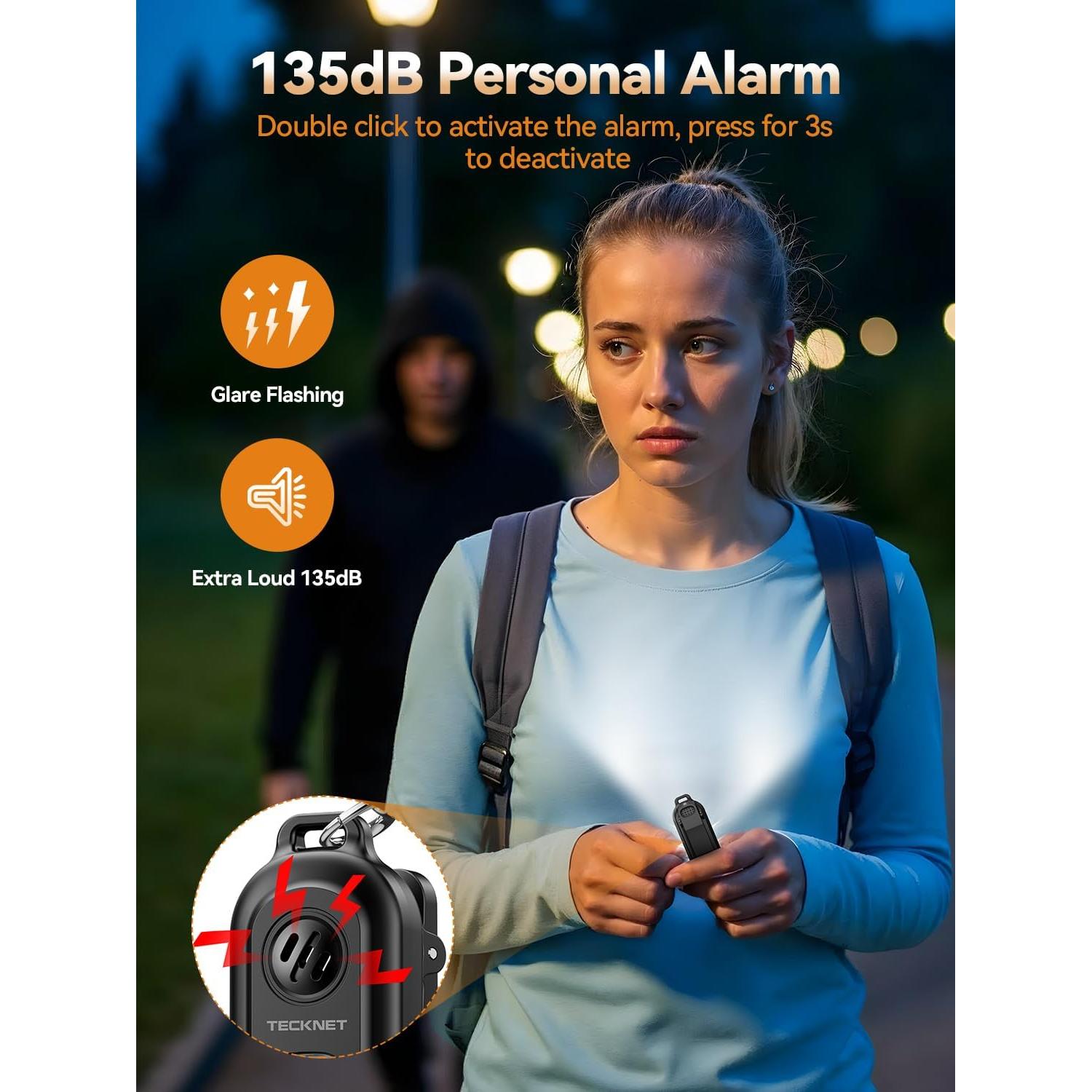 Alarma Personal TECKNET 135dB con Luz Estroboscópica IPX4
