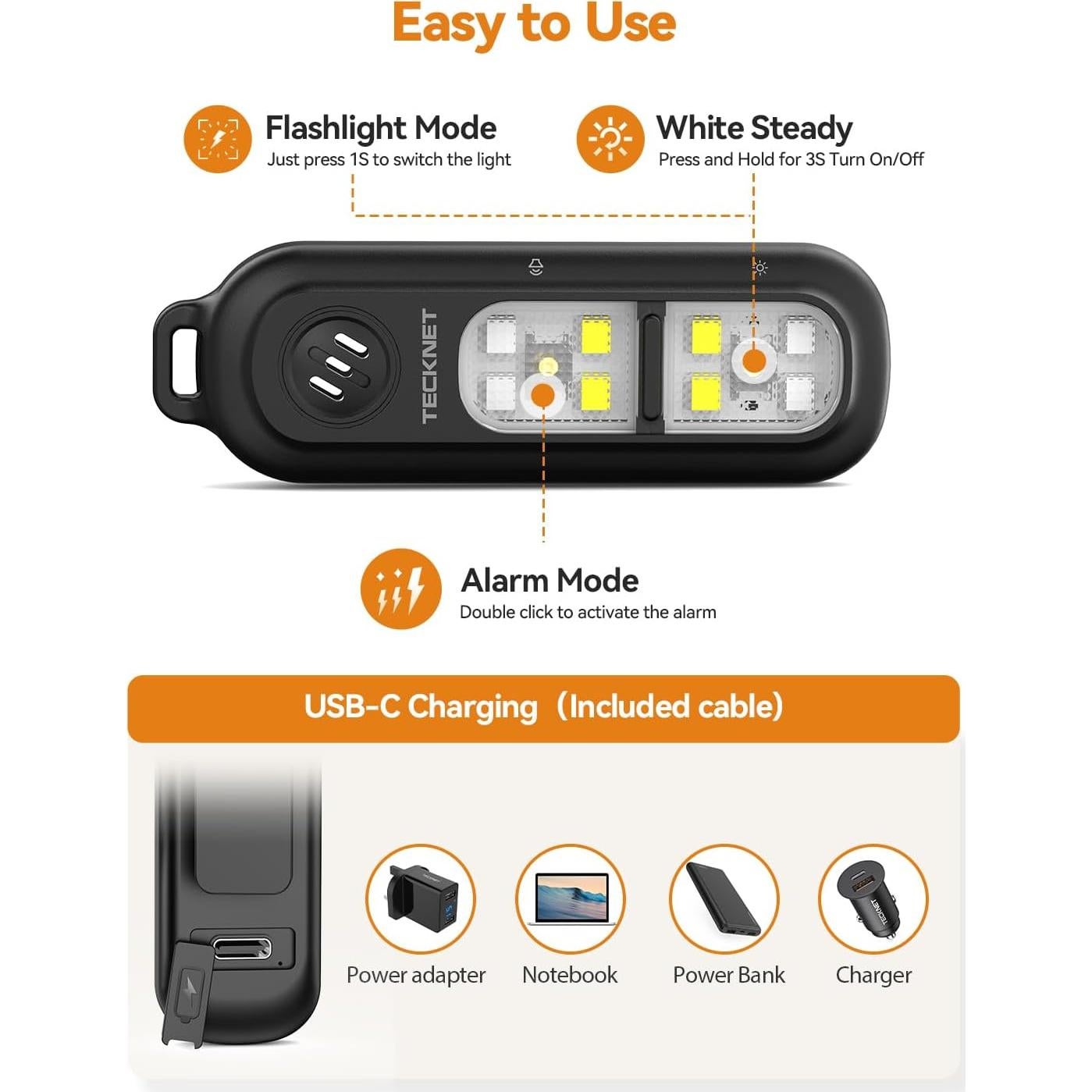Alarma Personal TECKNET 135dB con Luz Estroboscópica IPX4