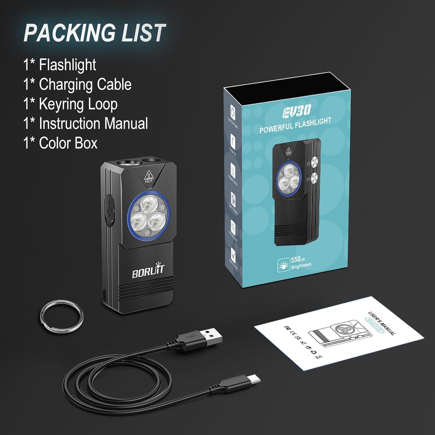 Linterna Mini BORUIT EV30 USB-C 550 Lúmenes UV 365nm IP66