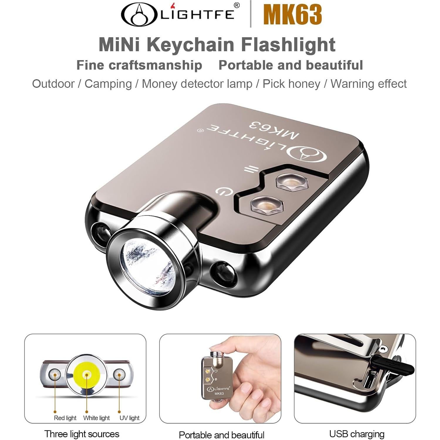Linterna de Llavero LIGHTFE MK63 3 en 1 Luz UV, Blanca y Roja