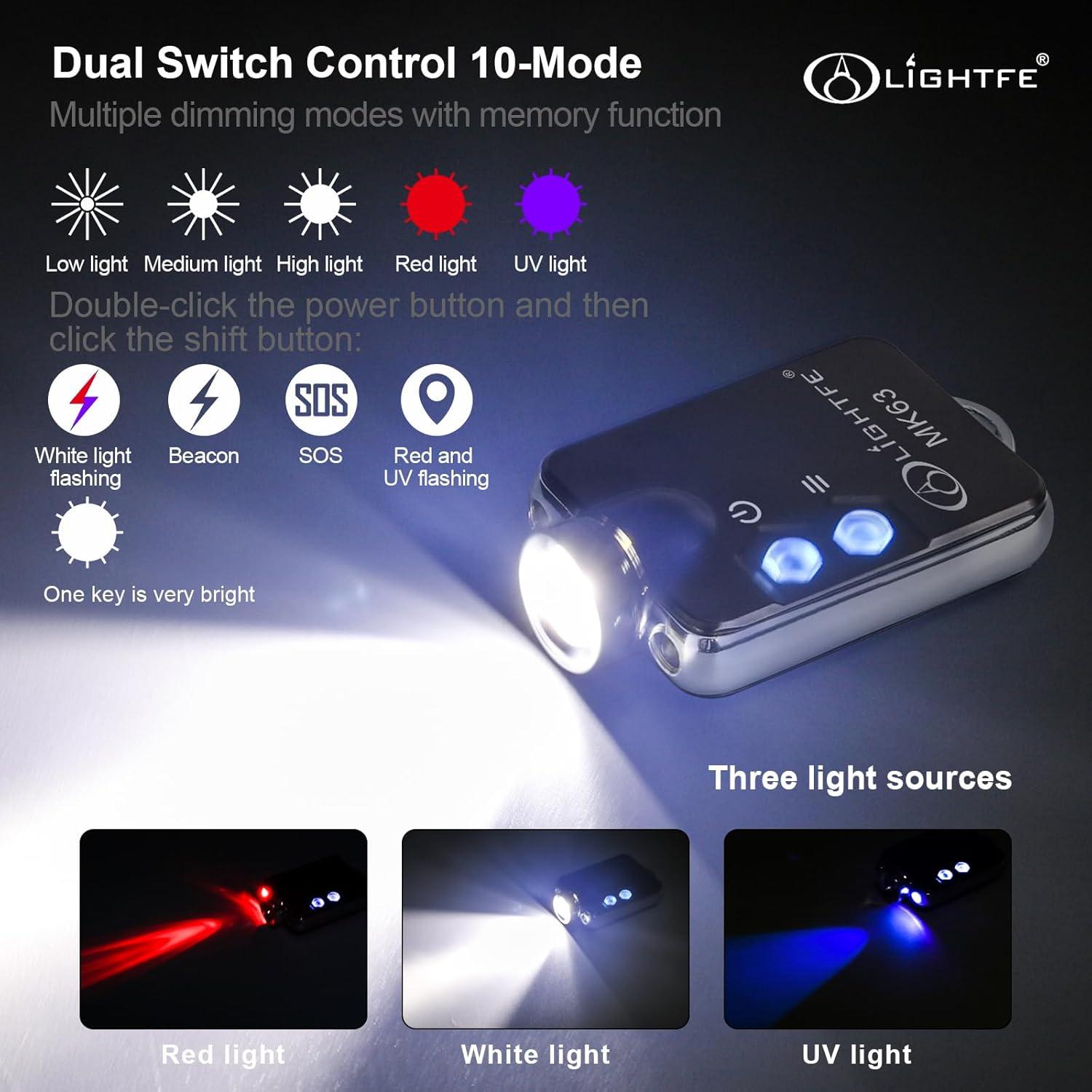 Linterna de Llavero LIGHTFE MK63 3 en 1 Luz UV, Blanca y Roja