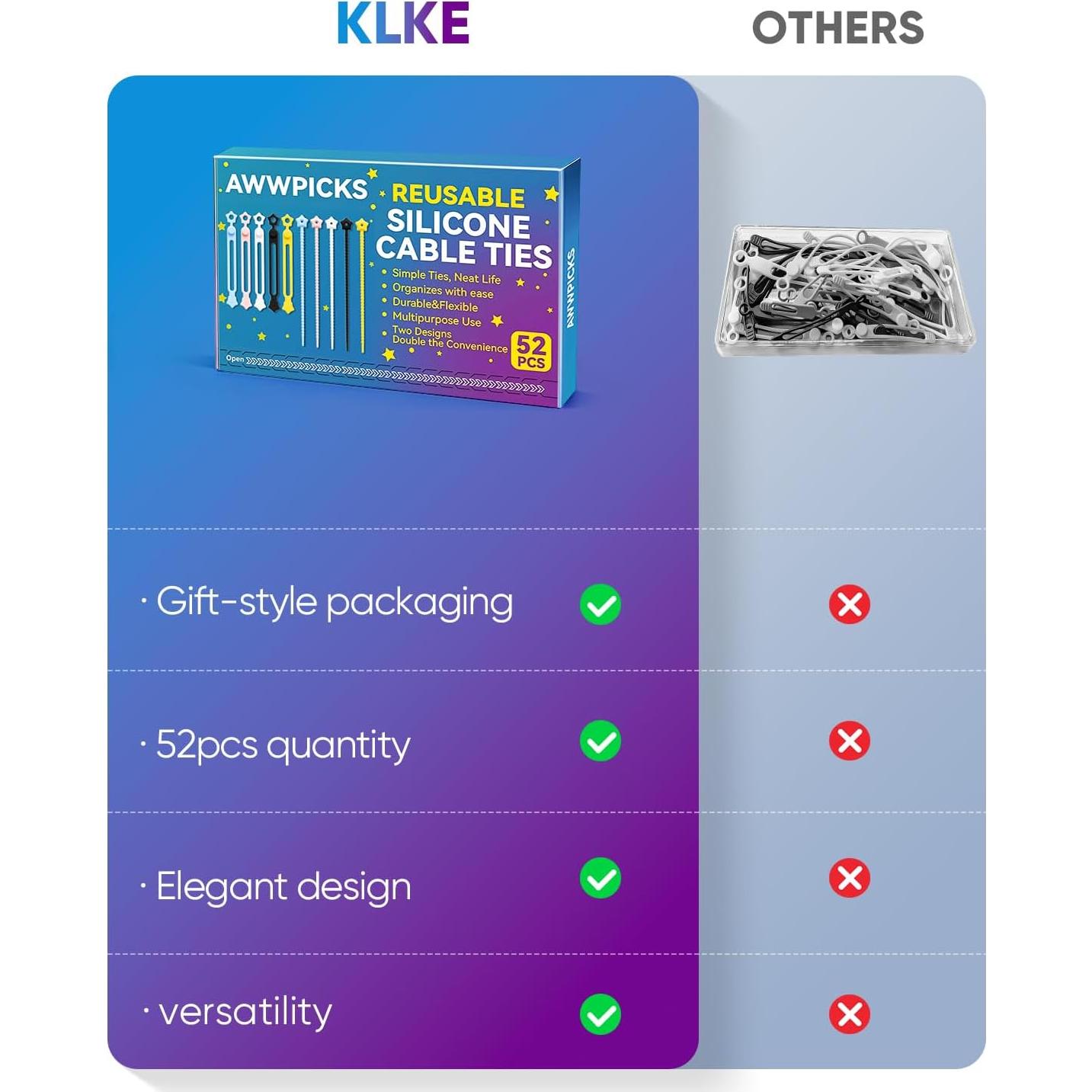 Paquete de 52 Bridas de Silicona KLKE para Organización de Cables