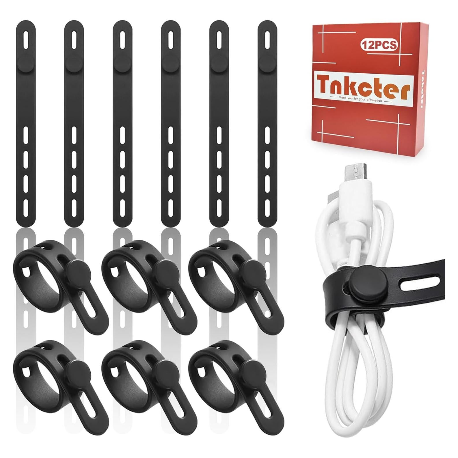 Silicone Cable Ties 12 pack, Reusable,Washable Wire-Data Cable Organizer,Electrical Cord Ties with Lock Buckle,Travel & Home Accessories,Tnkcter