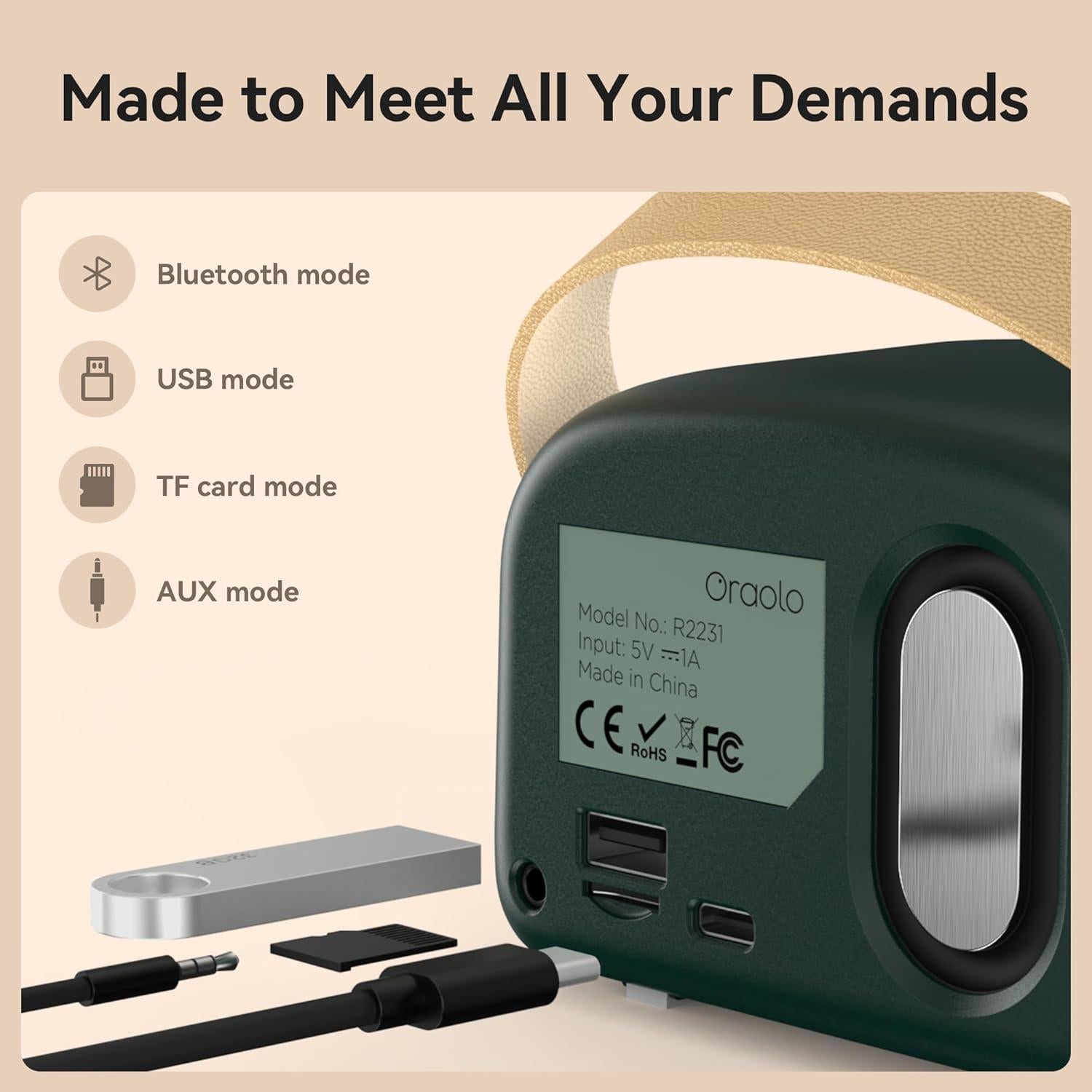 Altavoz Bluetooth Retro Oraolo BS07 Verde, 8 Horas de Reproducción